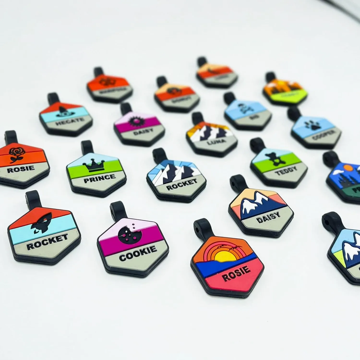 Silent Dog Tag Personalized with 5 Lines of Custom Deep Engraved Durable Soundless Silicone Pet ID Name Tag Hexagon Snow Mountain Boy