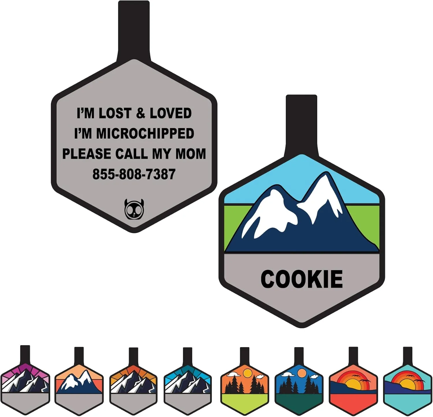 Silent Dog Tag Personalized with 5 Lines of Custom Deep Engraved Durable Soundless Silicone Pet ID Name Tag Hexagon Snow Mountain Boy