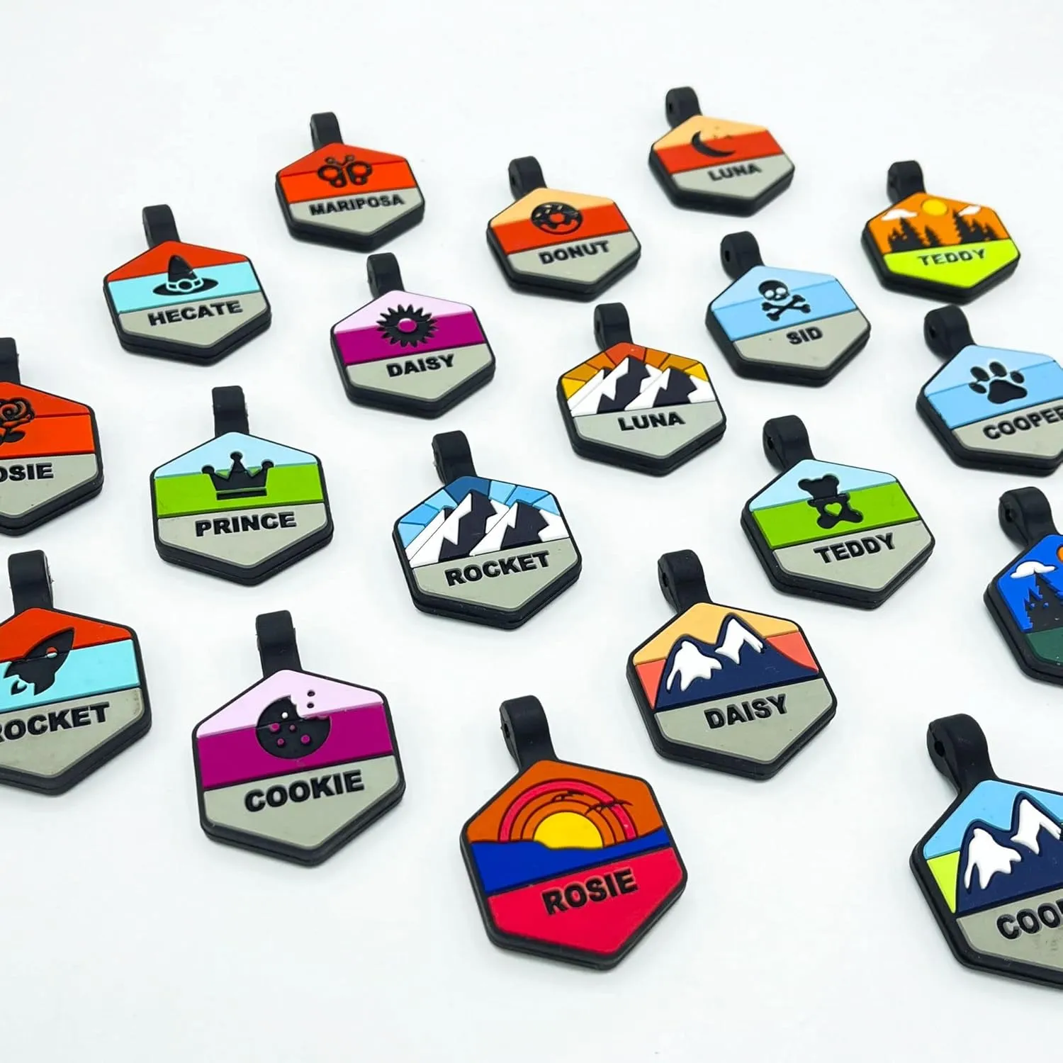 Silent Dog Tag Personalized with 5 Lines of Custom Deep Engraved Durable Soundless Silicone Pet ID Name Tag Hexagon Snow Mountain Boy