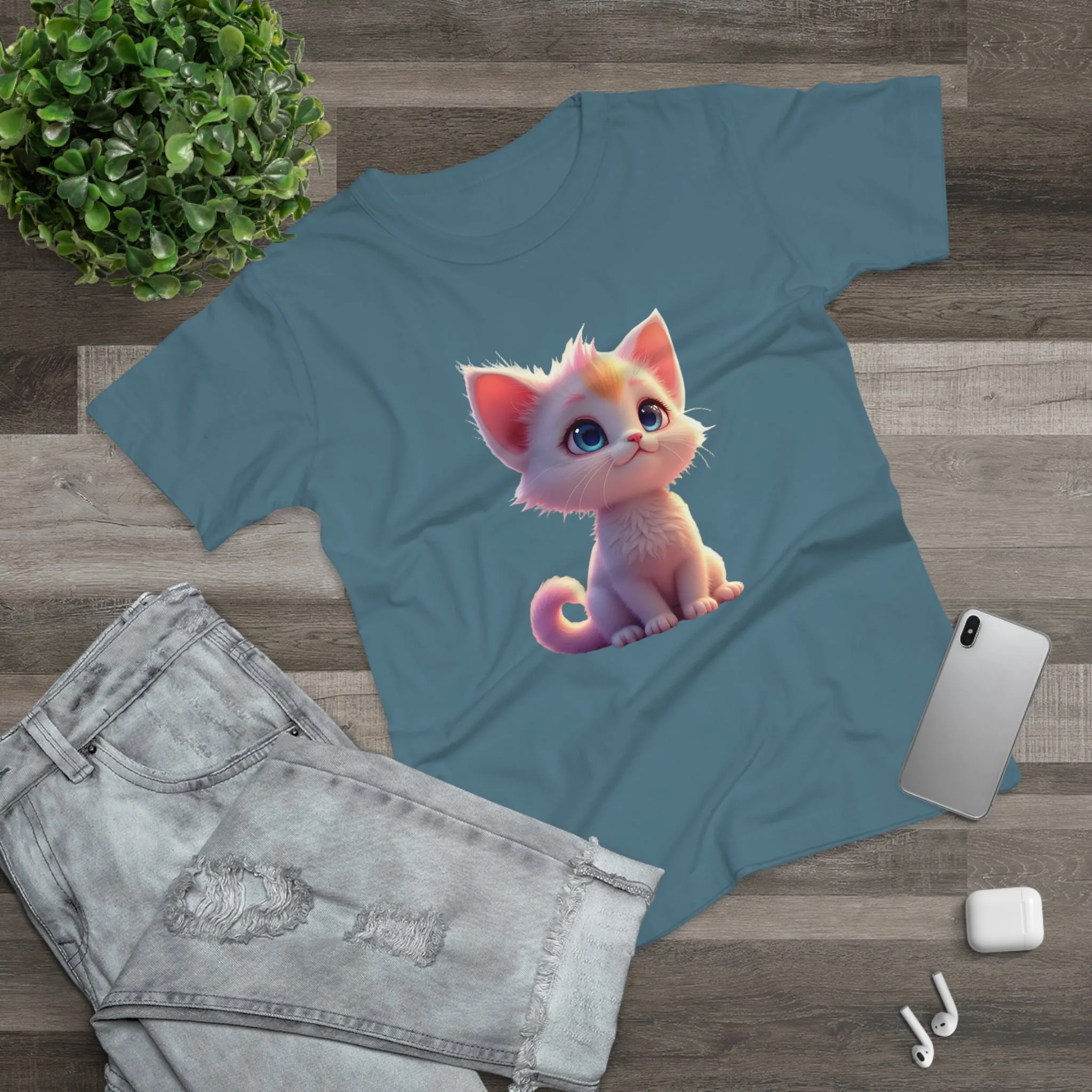 Single Jersey Women's T-shirt, A women’s t-shirt with a modern look, short sleeves and with side seams for that accentuate feminine shape. A kitten with with blue eyes and different fur looking up