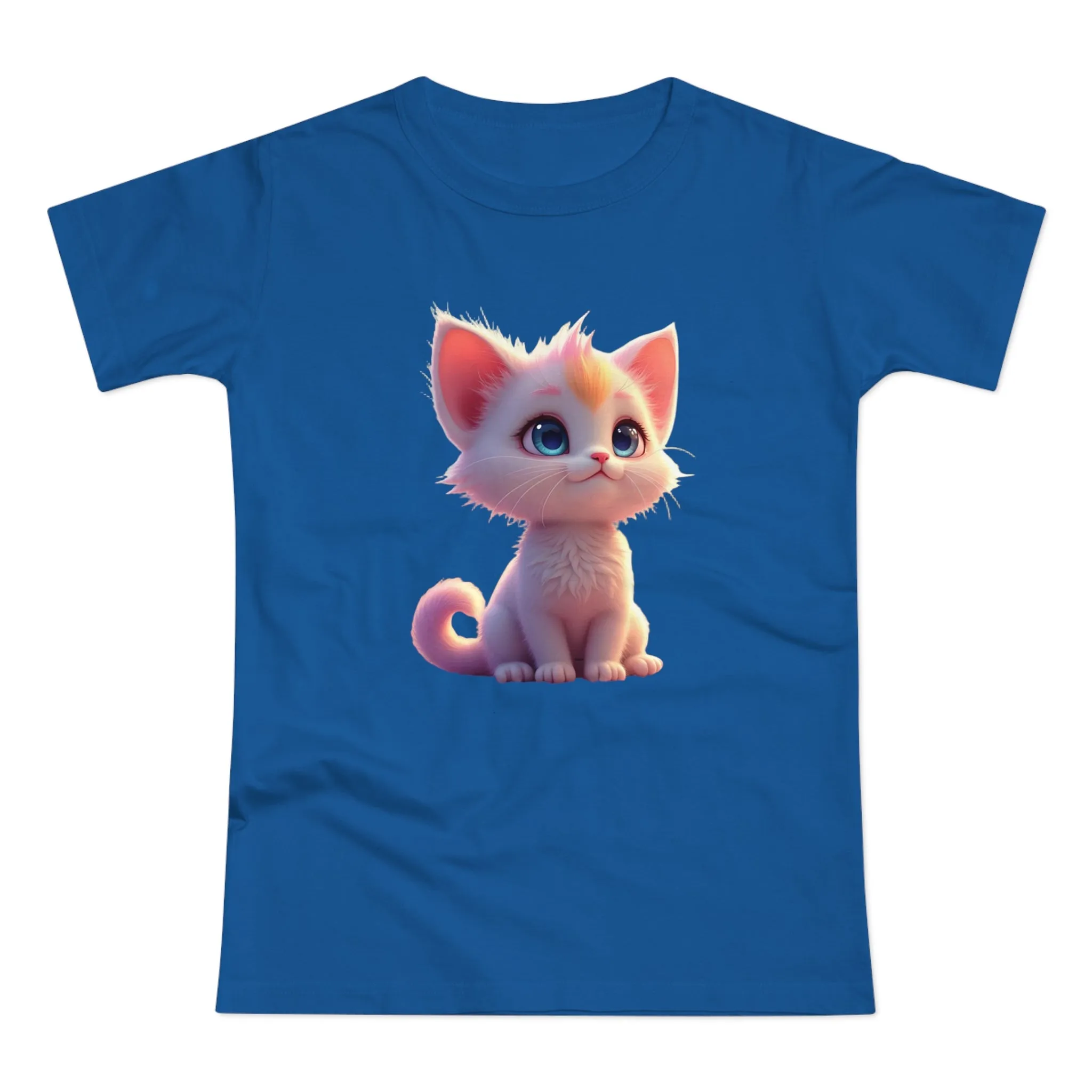 Single Jersey Women's T-shirt, A women’s t-shirt with a modern look, short sleeves and with side seams for that accentuate feminine shape. A kitten with with blue eyes and different fur looking up