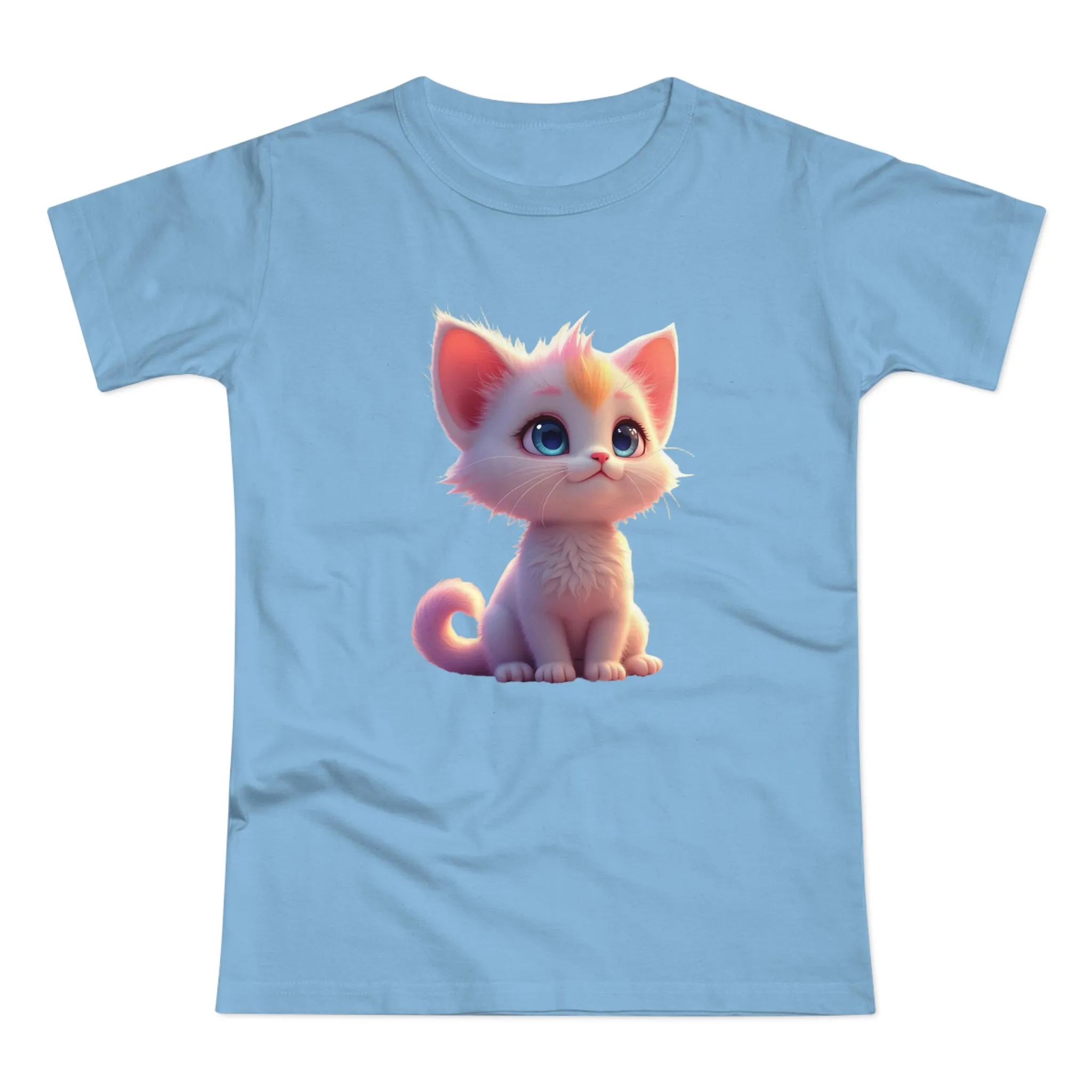 Single Jersey Women's T-shirt, A women’s t-shirt with a modern look, short sleeves and with side seams for that accentuate feminine shape. A kitten with with blue eyes and different fur looking up