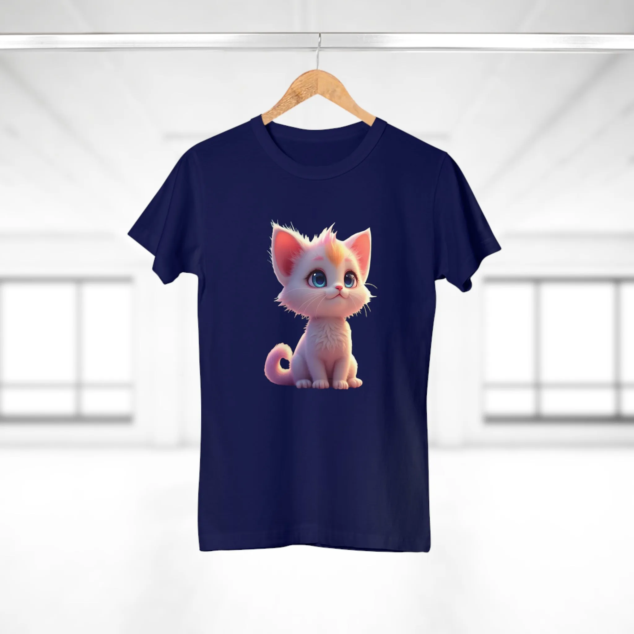 Single Jersey Women's T-shirt, A women’s t-shirt with a modern look, short sleeves and with side seams for that accentuate feminine shape. A kitten with with blue eyes and different fur looking up