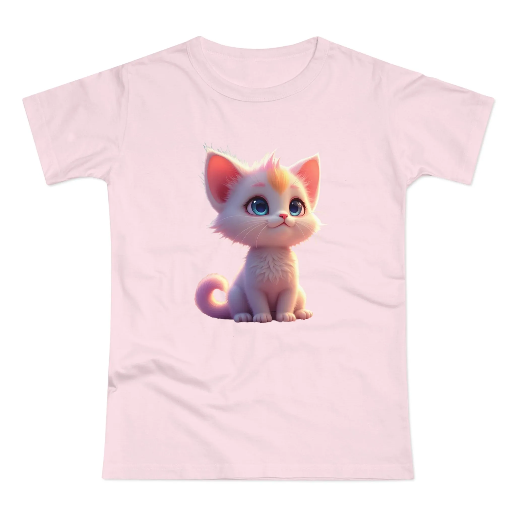 Single Jersey Women's T-shirt, A women’s t-shirt with a modern look, short sleeves and with side seams for that accentuate feminine shape. A kitten with with blue eyes and different fur looking up