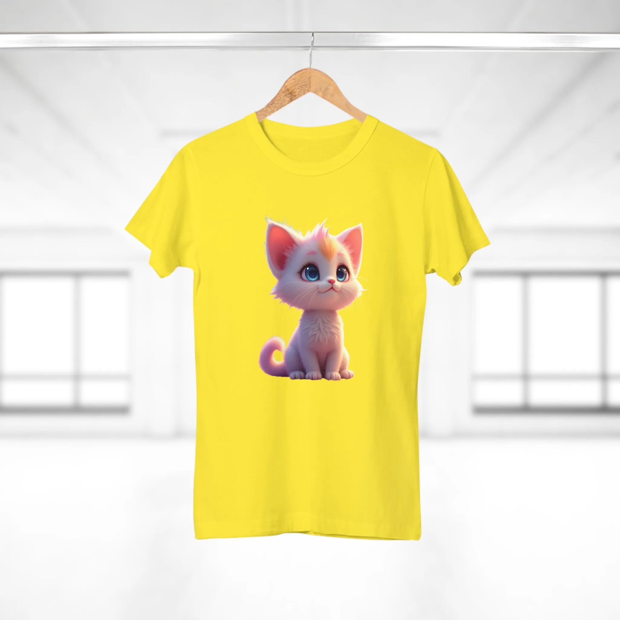 Single Jersey Women's T-shirt, A women’s t-shirt with a modern look, short sleeves and with side seams for that accentuate feminine shape. A kitten with with blue eyes and different fur looking up