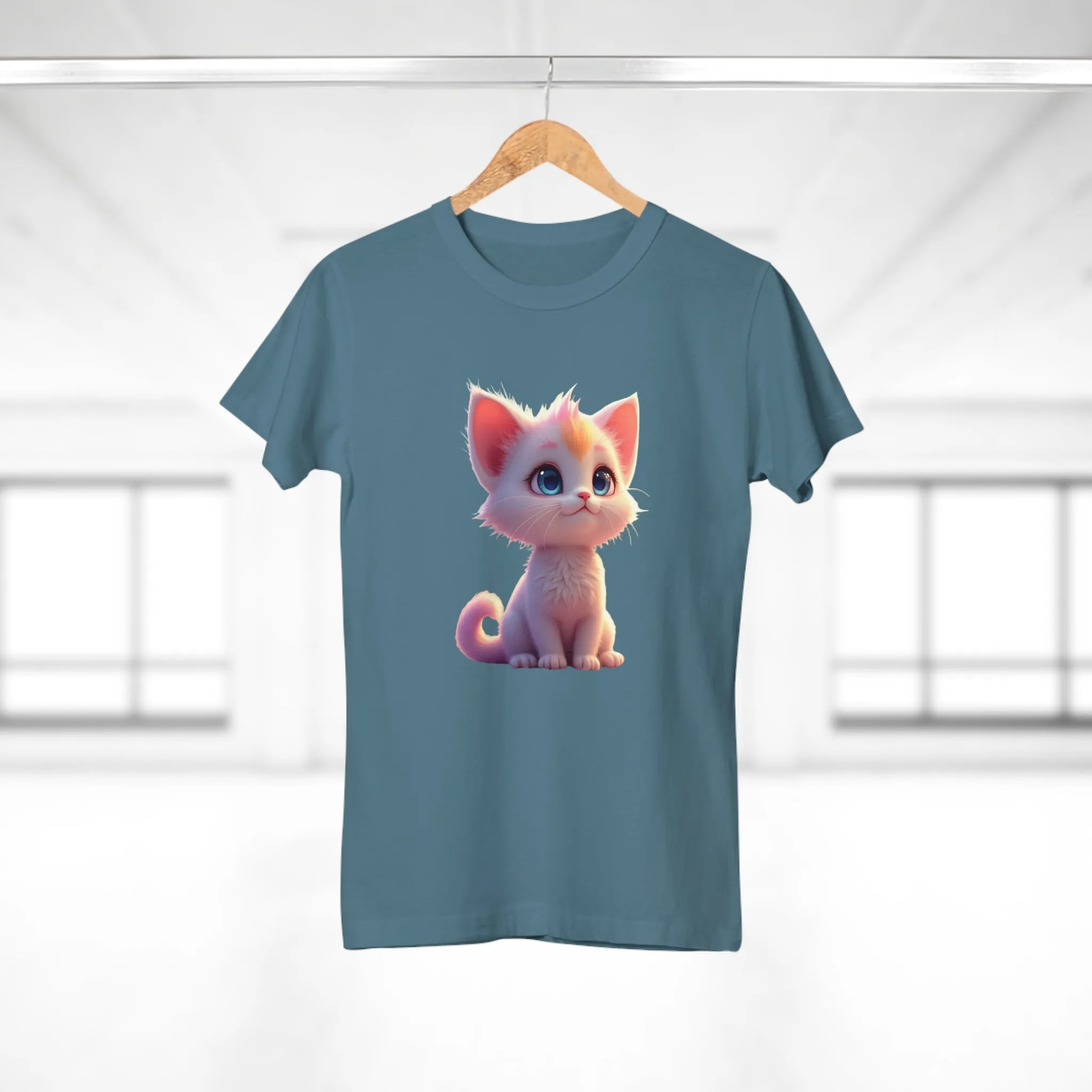 Single Jersey Women's T-shirt, A women’s t-shirt with a modern look, short sleeves and with side seams for that accentuate feminine shape. A kitten with with blue eyes and different fur looking up