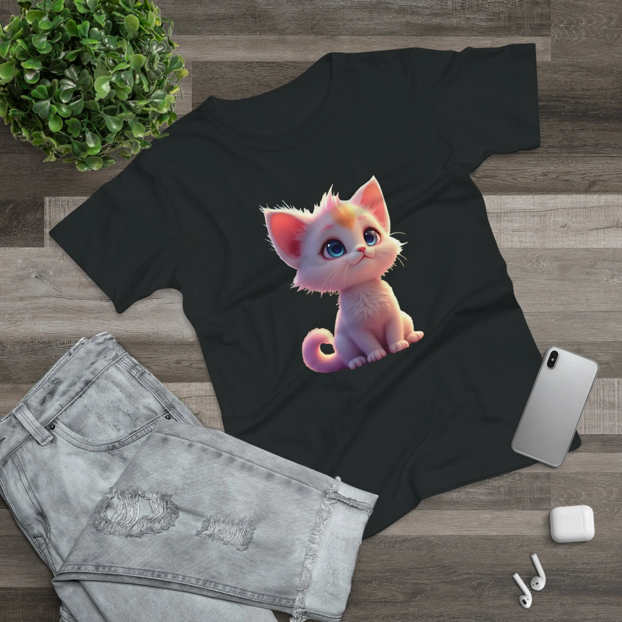Single Jersey Women's T-shirt, A women’s t-shirt with a modern look, short sleeves and with side seams for that accentuate feminine shape. A kitten with with blue eyes and different fur looking up