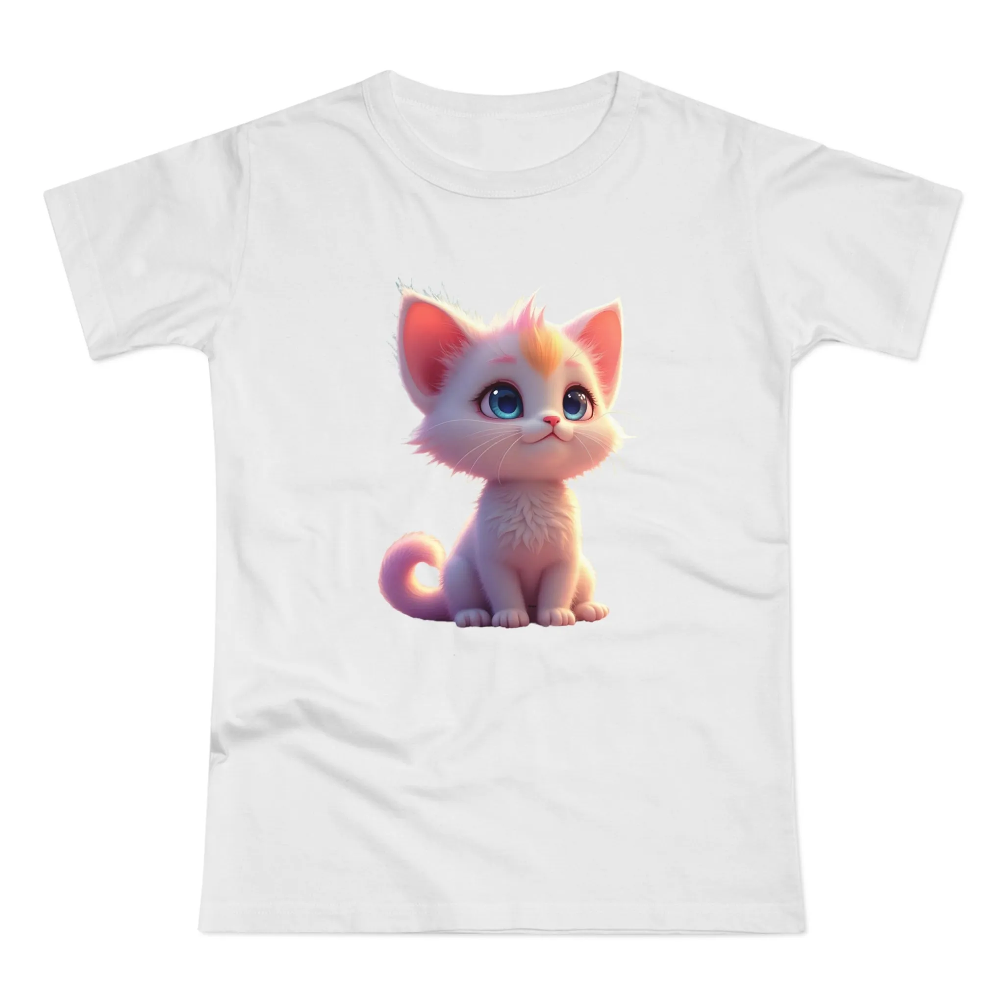 Single Jersey Women's T-shirt, A women’s t-shirt with a modern look, short sleeves and with side seams for that accentuate feminine shape. A kitten with with blue eyes and different fur looking up