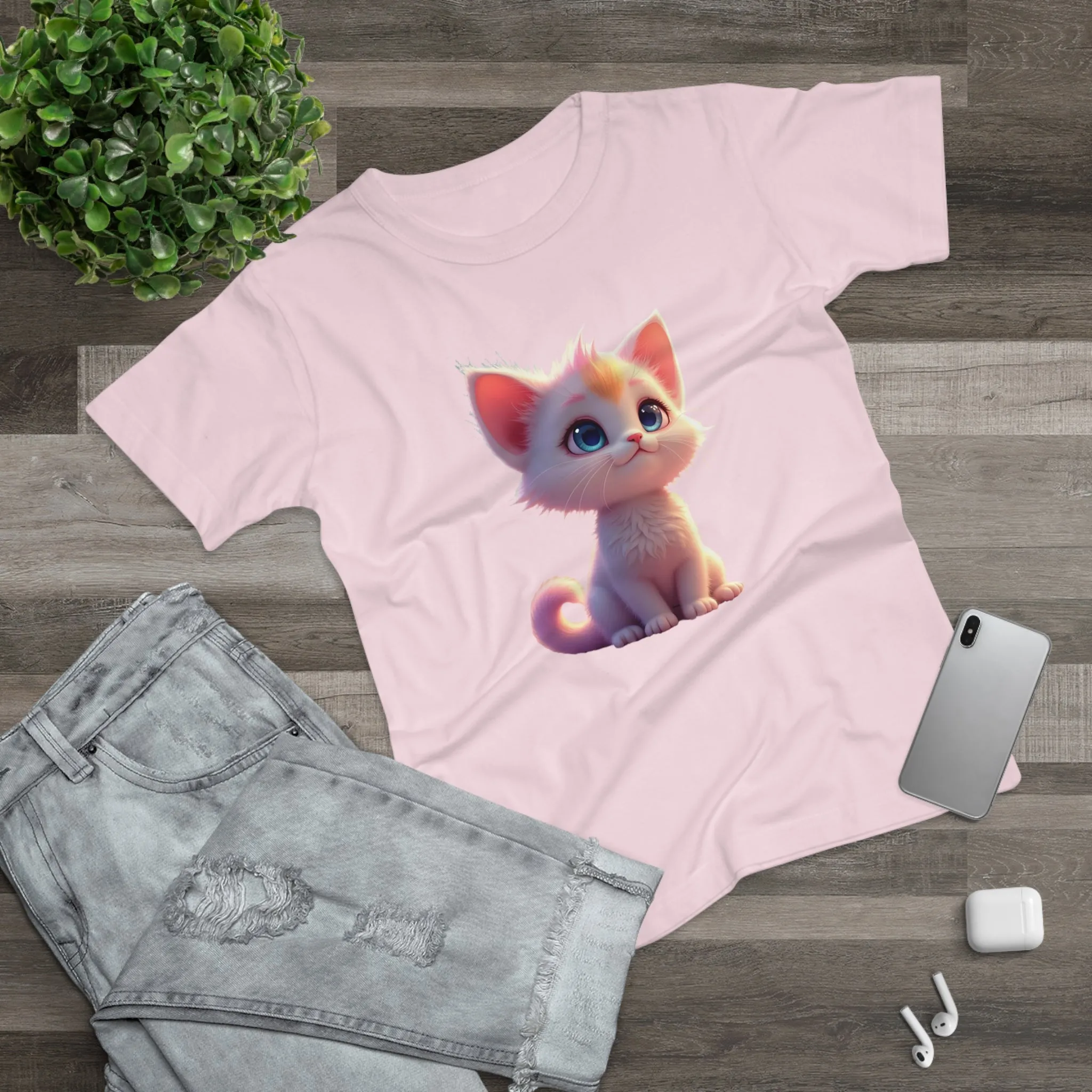 Single Jersey Women's T-shirt, A women’s t-shirt with a modern look, short sleeves and with side seams for that accentuate feminine shape. A kitten with with blue eyes and different fur looking up
