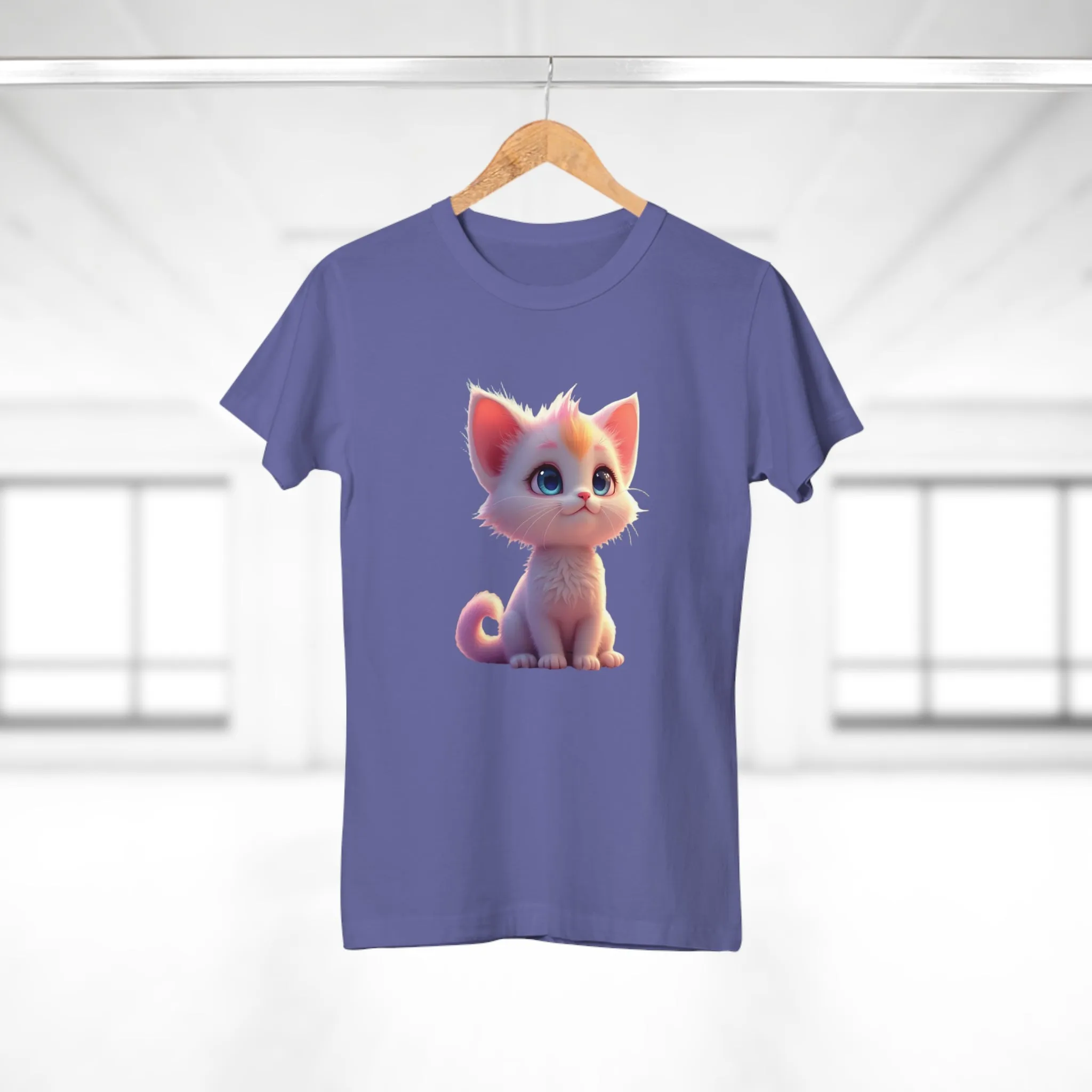 Single Jersey Women's T-shirt, A women’s t-shirt with a modern look, short sleeves and with side seams for that accentuate feminine shape. A kitten with with blue eyes and different fur looking up