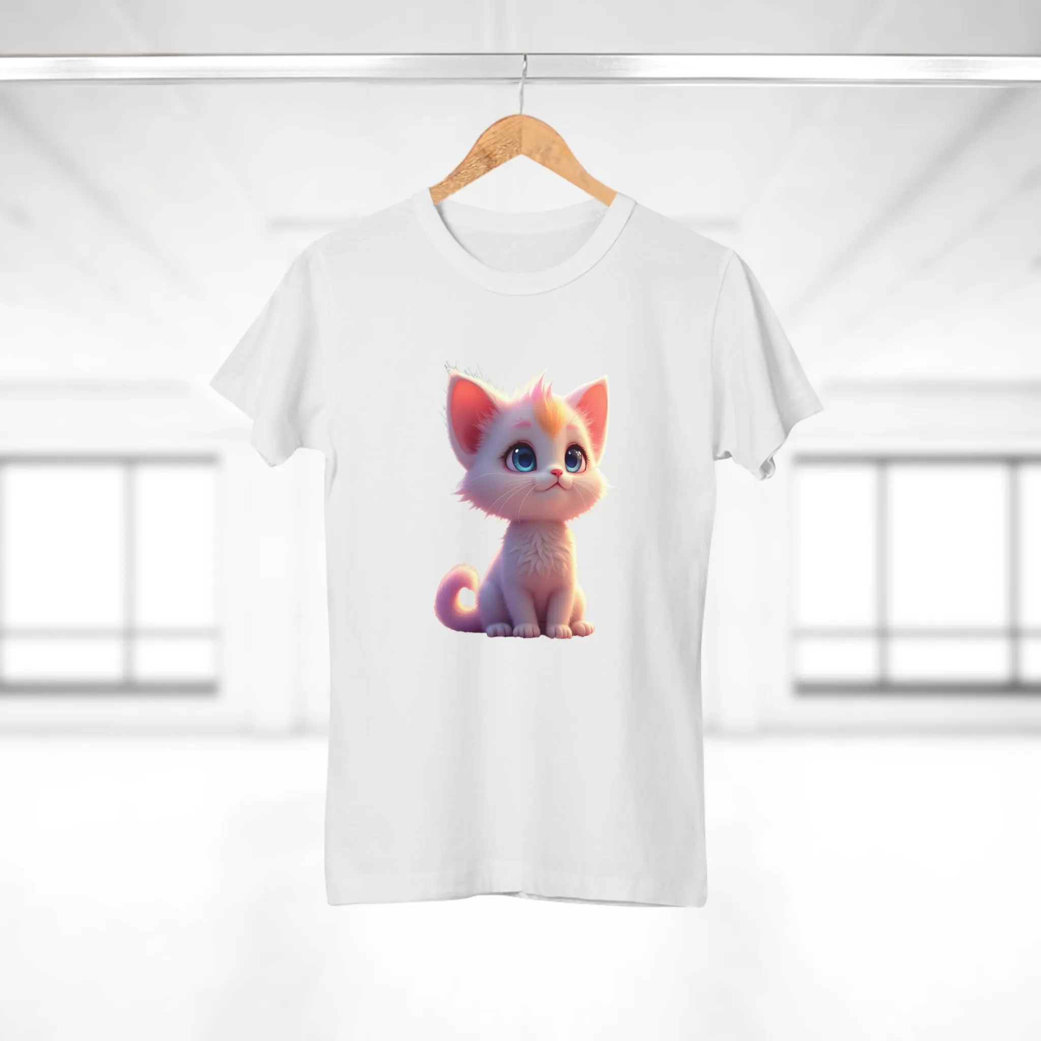 Single Jersey Women's T-shirt, A women’s t-shirt with a modern look, short sleeves and with side seams for that accentuate feminine shape. A kitten with with blue eyes and different fur looking up
