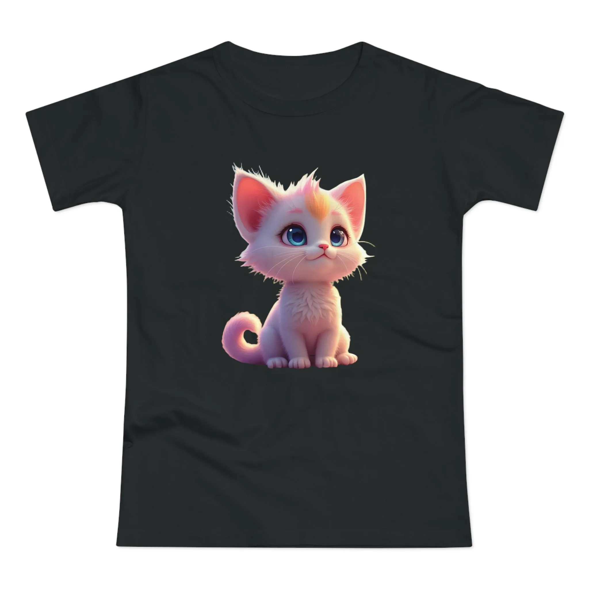Single Jersey Women's T-shirt, A women’s t-shirt with a modern look, short sleeves and with side seams for that accentuate feminine shape. A kitten with with blue eyes and different fur looking up