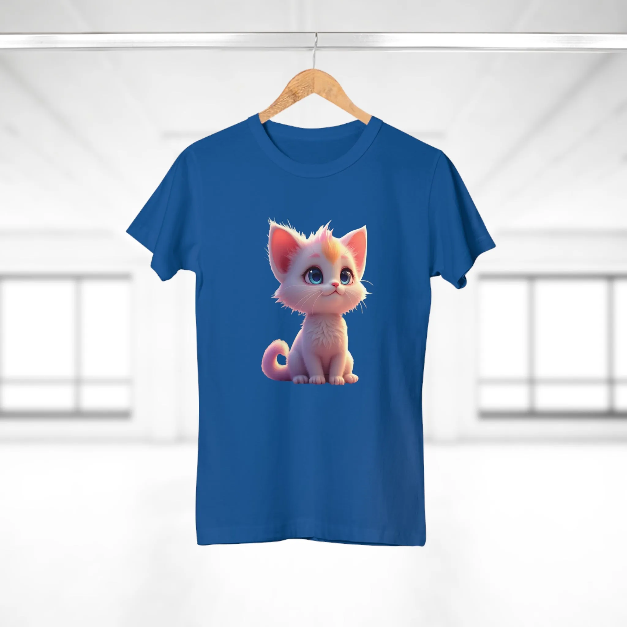 Single Jersey Women's T-shirt, A women’s t-shirt with a modern look, short sleeves and with side seams for that accentuate feminine shape. A kitten with with blue eyes and different fur looking up