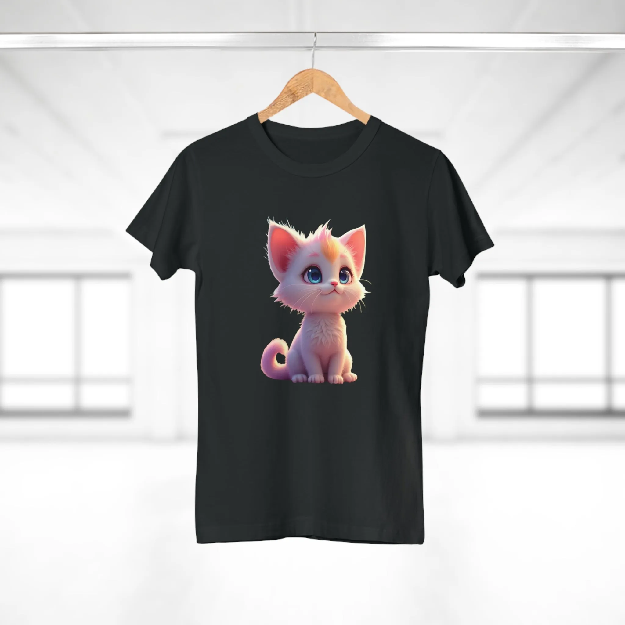 Single Jersey Women's T-shirt, A women’s t-shirt with a modern look, short sleeves and with side seams for that accentuate feminine shape. A kitten with with blue eyes and different fur looking up