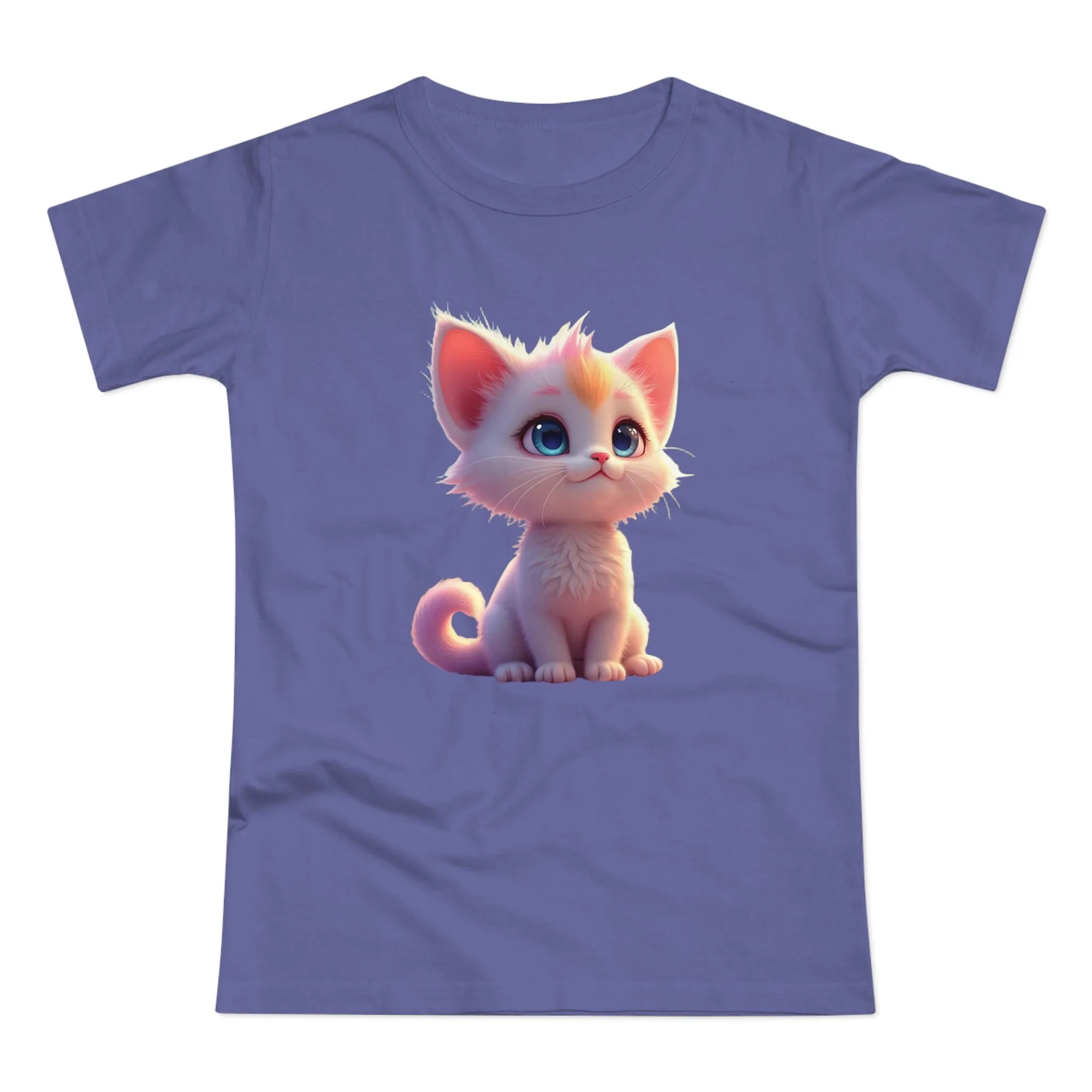Single Jersey Women's T-shirt, A women’s t-shirt with a modern look, short sleeves and with side seams for that accentuate feminine shape. A kitten with with blue eyes and different fur looking up