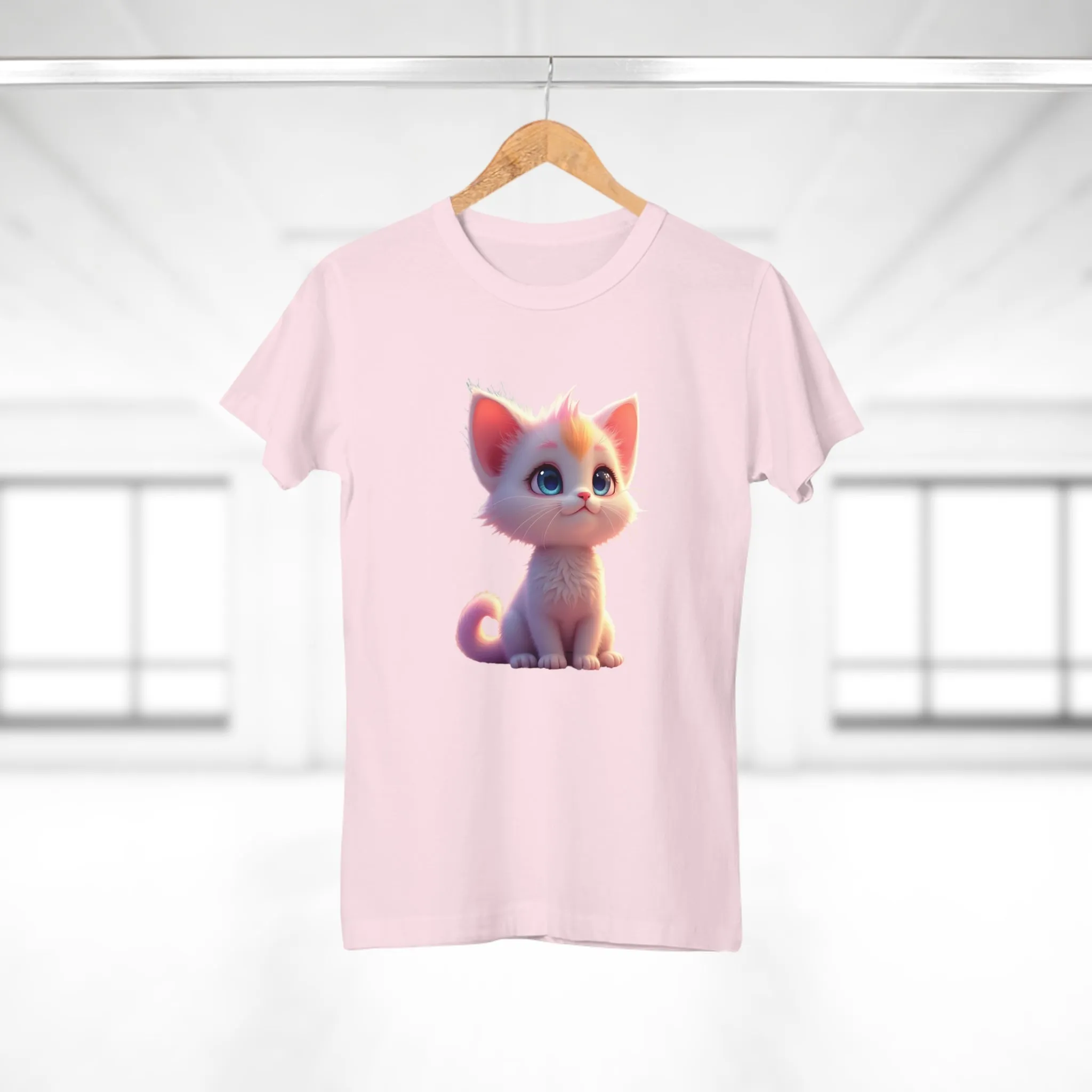 Single Jersey Women's T-shirt, A women’s t-shirt with a modern look, short sleeves and with side seams for that accentuate feminine shape. A kitten with with blue eyes and different fur looking up