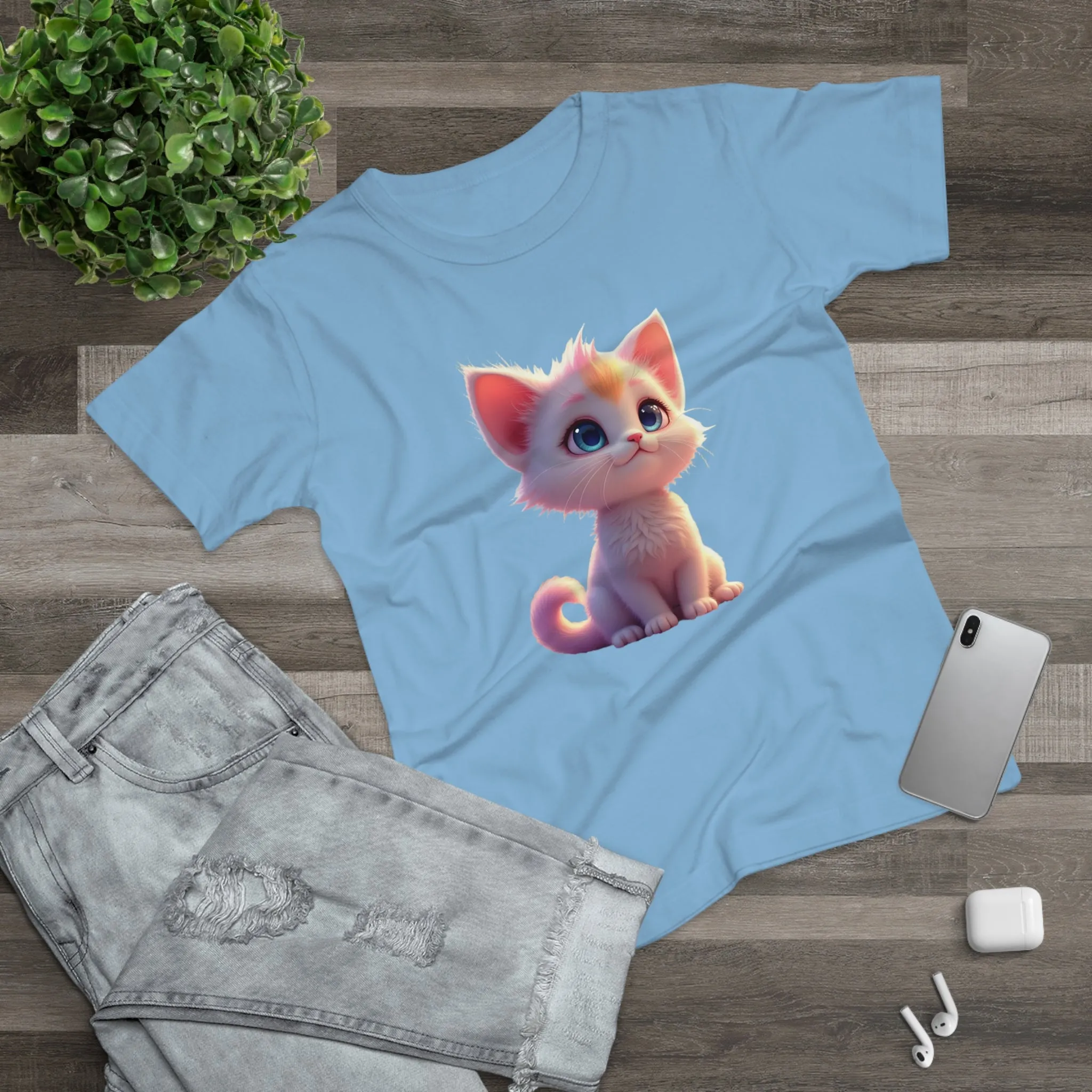 Single Jersey Women's T-shirt, A women’s t-shirt with a modern look, short sleeves and with side seams for that accentuate feminine shape. A kitten with with blue eyes and different fur looking up
