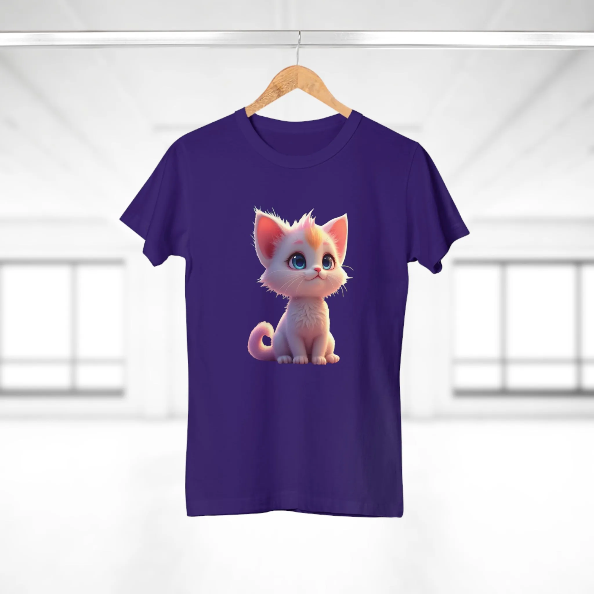 Single Jersey Women's T-shirt, A women’s t-shirt with a modern look, short sleeves and with side seams for that accentuate feminine shape. A kitten with with blue eyes and different fur looking up