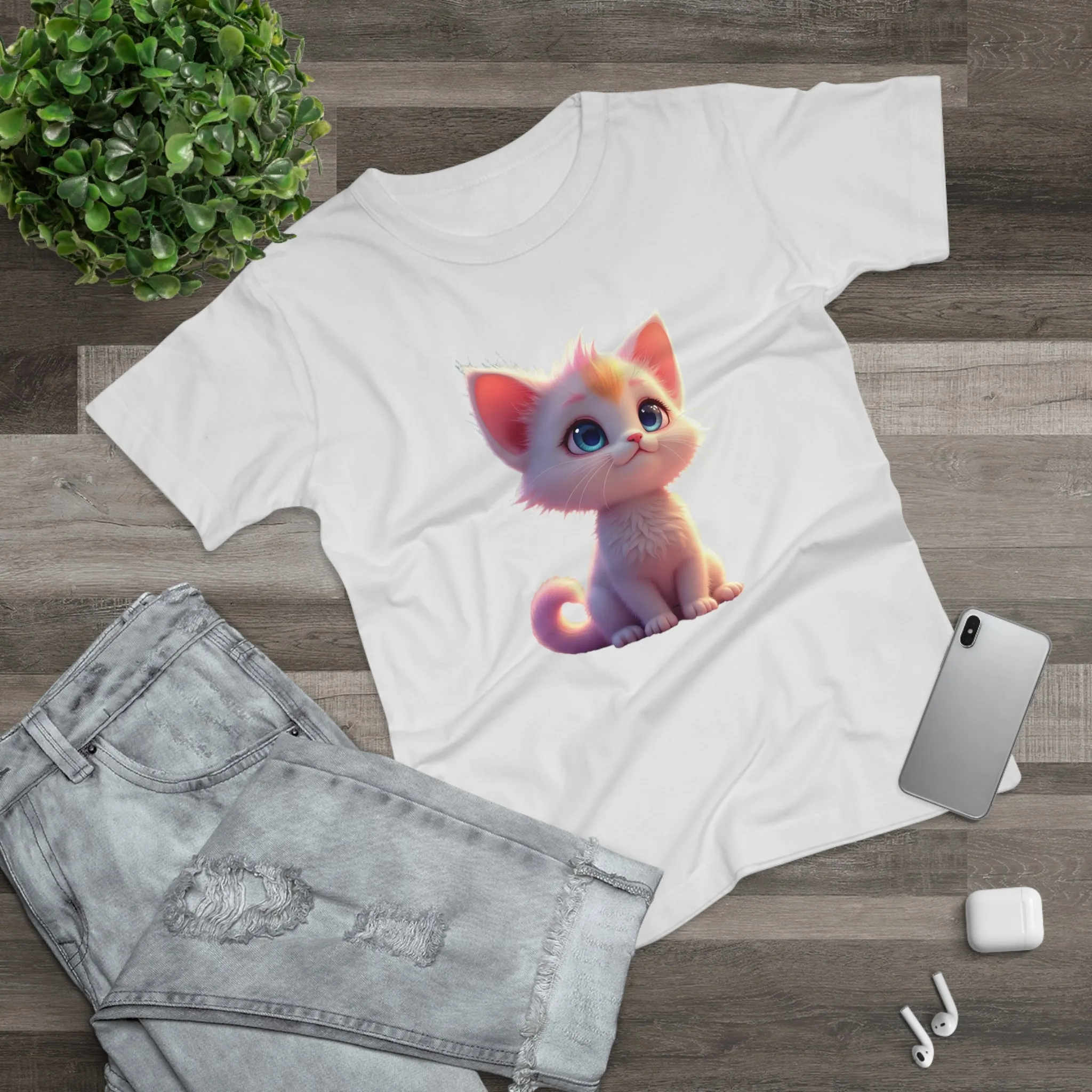 Single Jersey Women's T-shirt, A women’s t-shirt with a modern look, short sleeves and with side seams for that accentuate feminine shape. A kitten with with blue eyes and different fur looking up