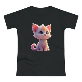 Single Jersey Women's T-shirt, A women’s t-shirt with a modern look, short sleeves and with side seams for that accentuate feminine shape. A kitten with with blue eyes and different fur looking up