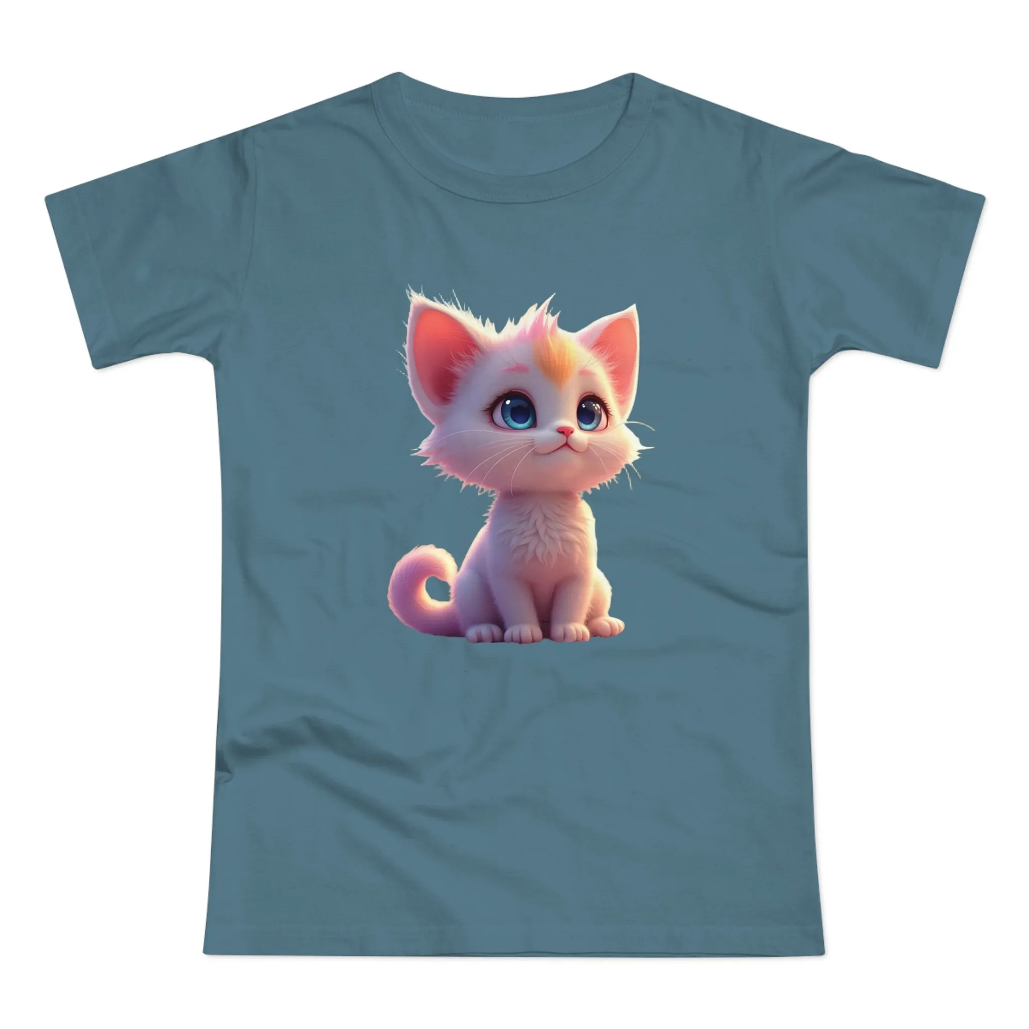 Single Jersey Women's T-shirt, A women’s t-shirt with a modern look, short sleeves and with side seams for that accentuate feminine shape. A kitten with with blue eyes and different fur looking up