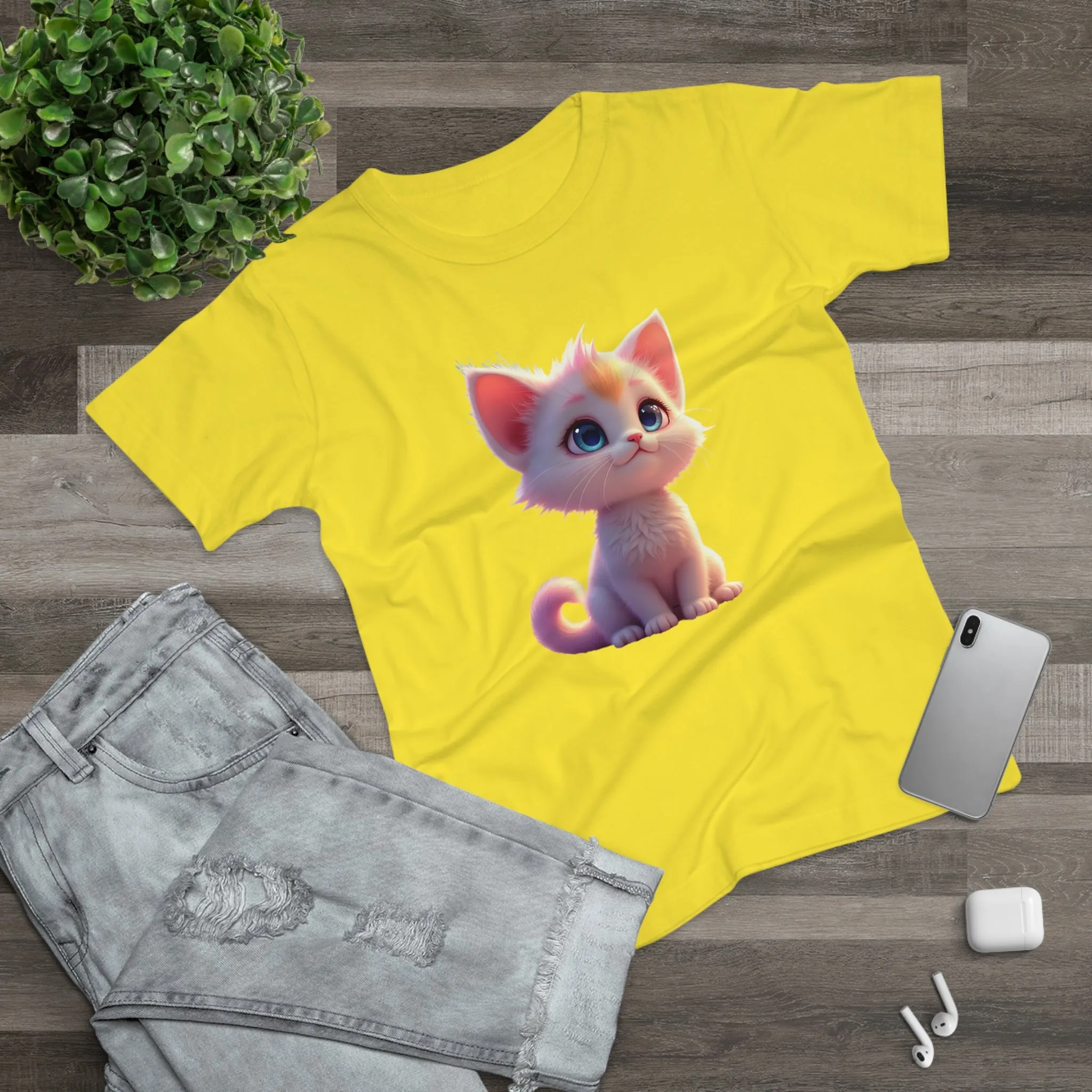 Single Jersey Women's T-shirt, A women’s t-shirt with a modern look, short sleeves and with side seams for that accentuate feminine shape. A kitten with with blue eyes and different fur looking up