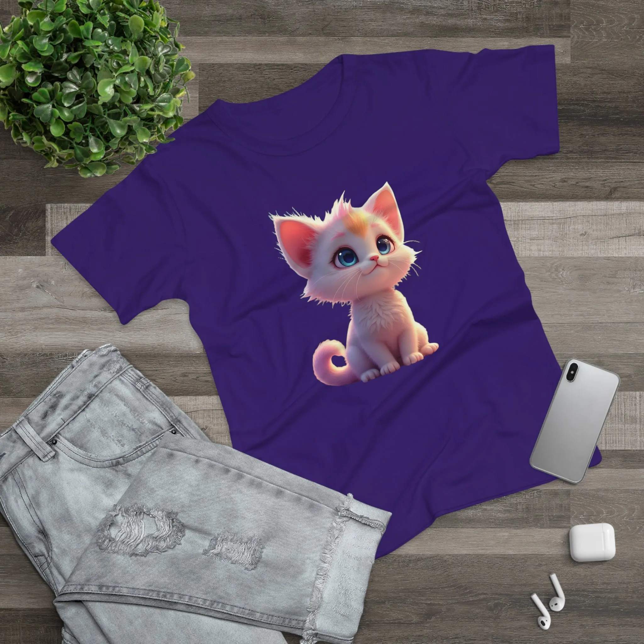 Single Jersey Women's T-shirt, A women’s t-shirt with a modern look, short sleeves and with side seams for that accentuate feminine shape. A kitten with with blue eyes and different fur looking up