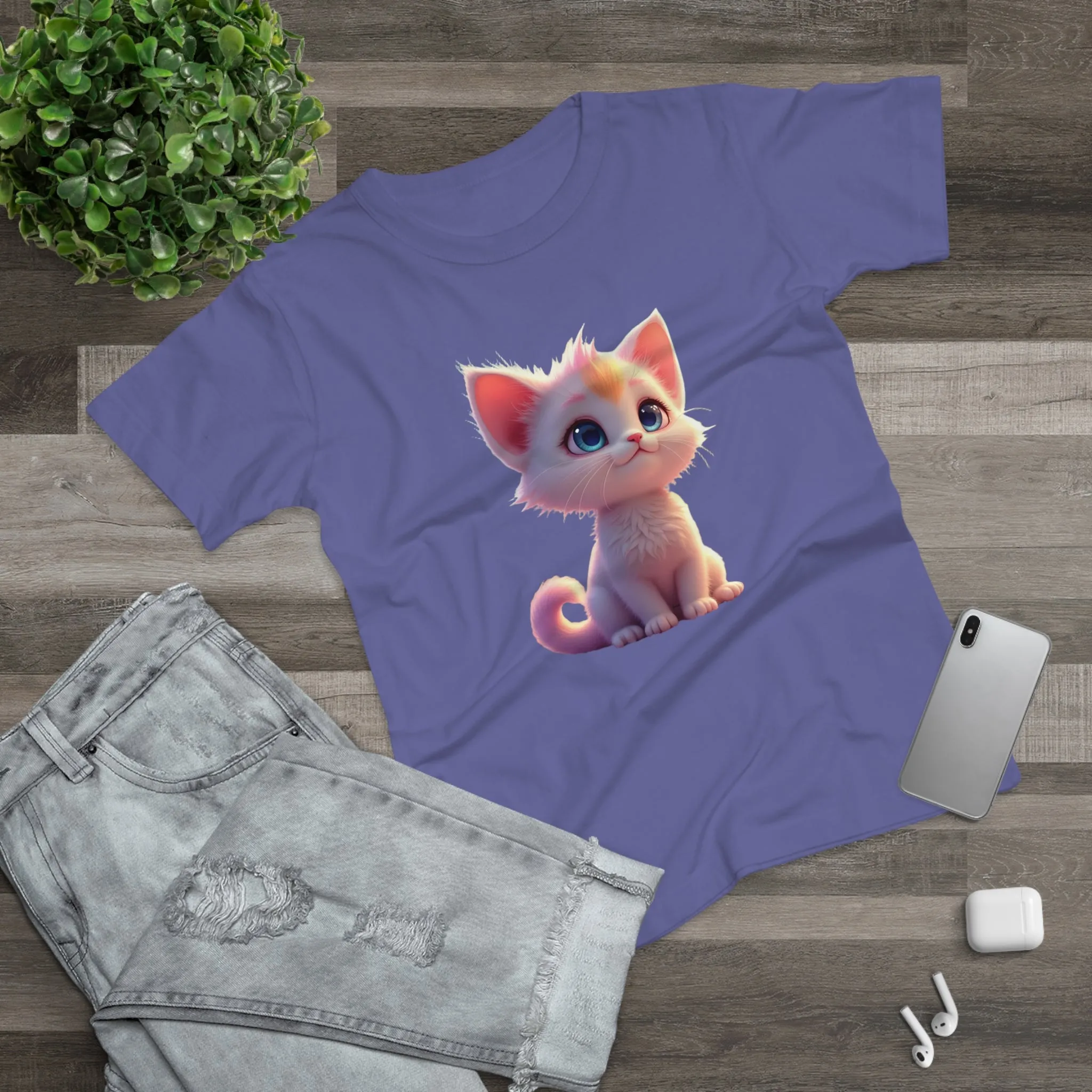 Single Jersey Women's T-shirt, A women’s t-shirt with a modern look, short sleeves and with side seams for that accentuate feminine shape. A kitten with with blue eyes and different fur looking up