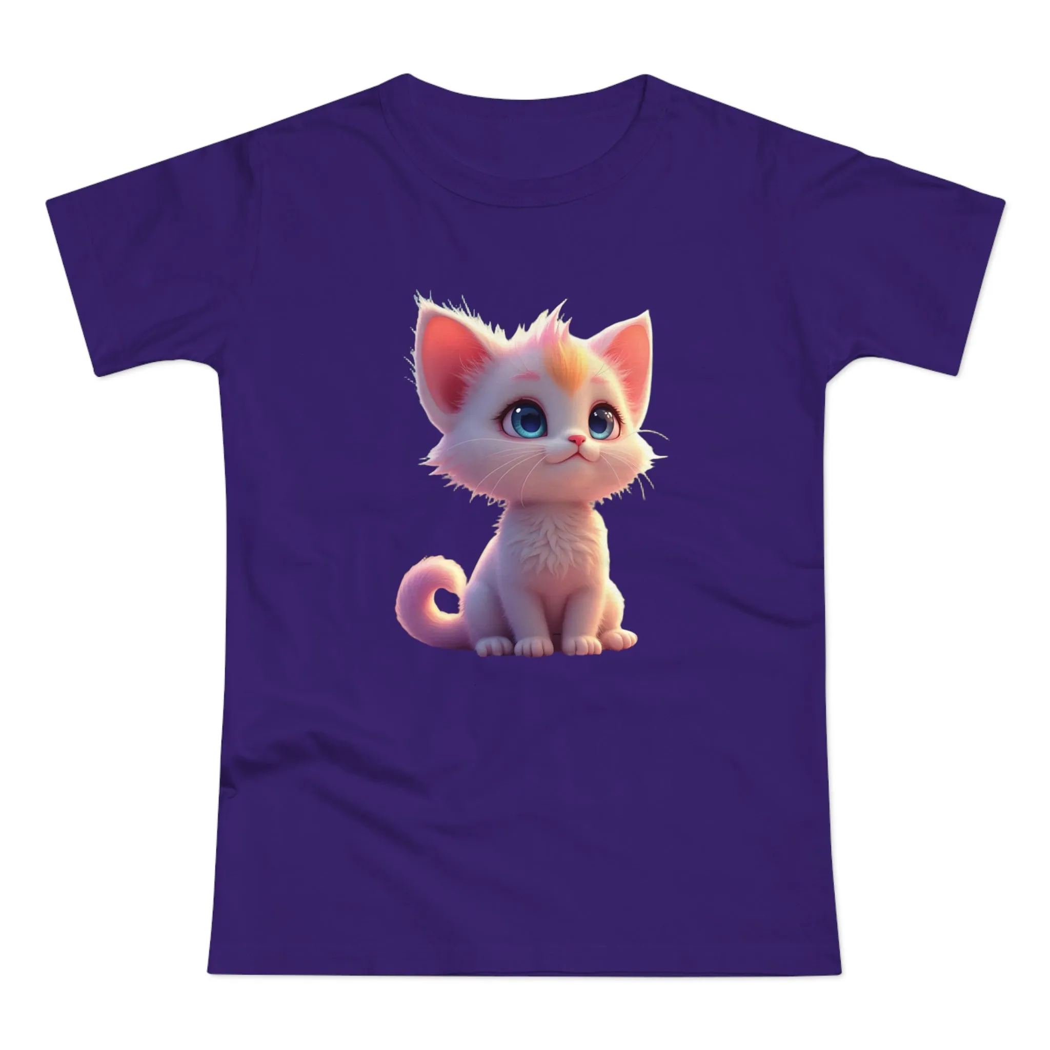 Single Jersey Women's T-shirt, A women’s t-shirt with a modern look, short sleeves and with side seams for that accentuate feminine shape. A kitten with with blue eyes and different fur looking up