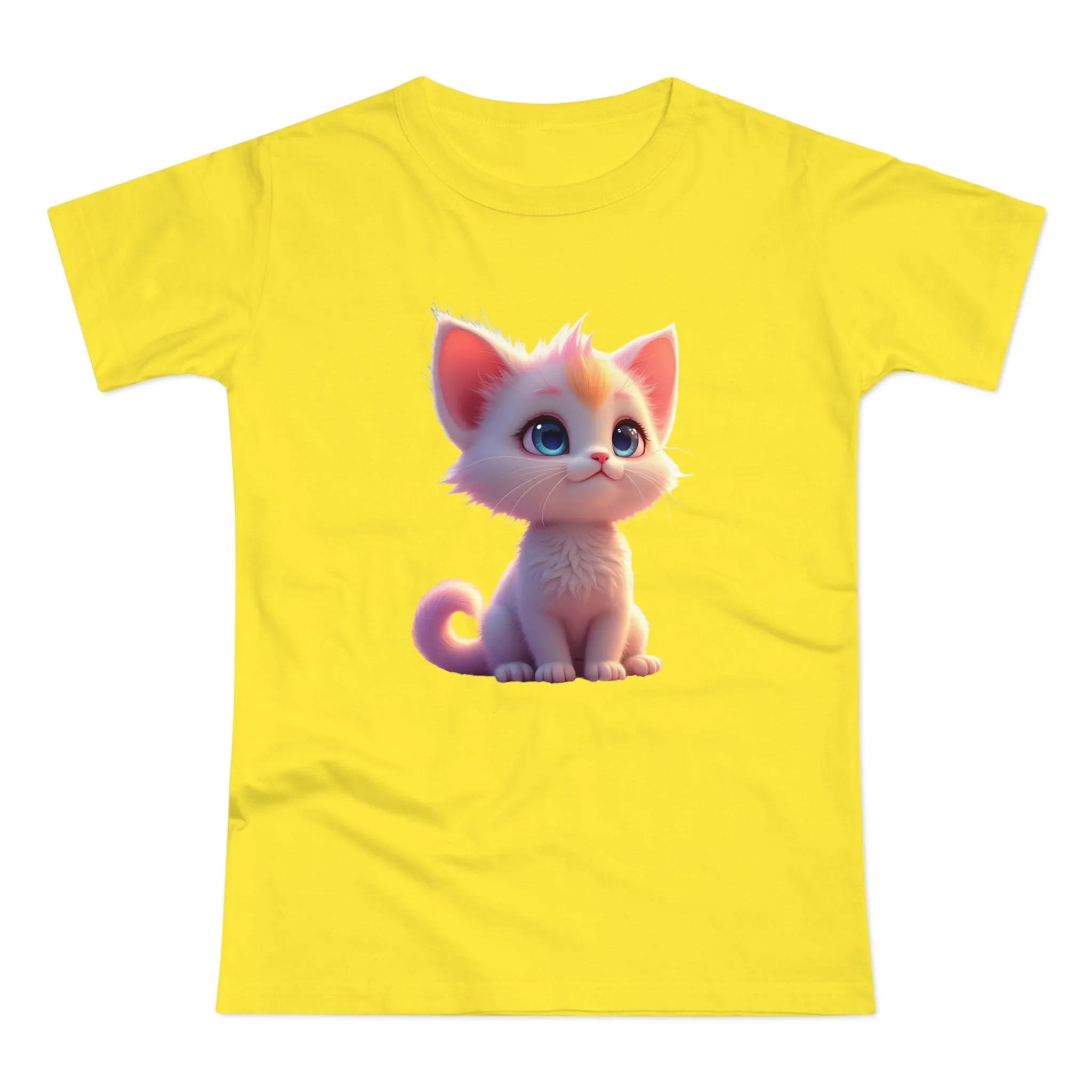 Single Jersey Women's T-shirt, A women’s t-shirt with a modern look, short sleeves and with side seams for that accentuate feminine shape. A kitten with with blue eyes and different fur looking up