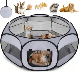 Soft Breathable Small Animal Playpen with Zipper Cover - Portable Rabbit/Bunny Pen & Chick Brooder Box, Lightweight Enclosure for Puppy/Kitten/Guinea Pig/Hamster/Chinchillas (Indoor & Outdoor Use)