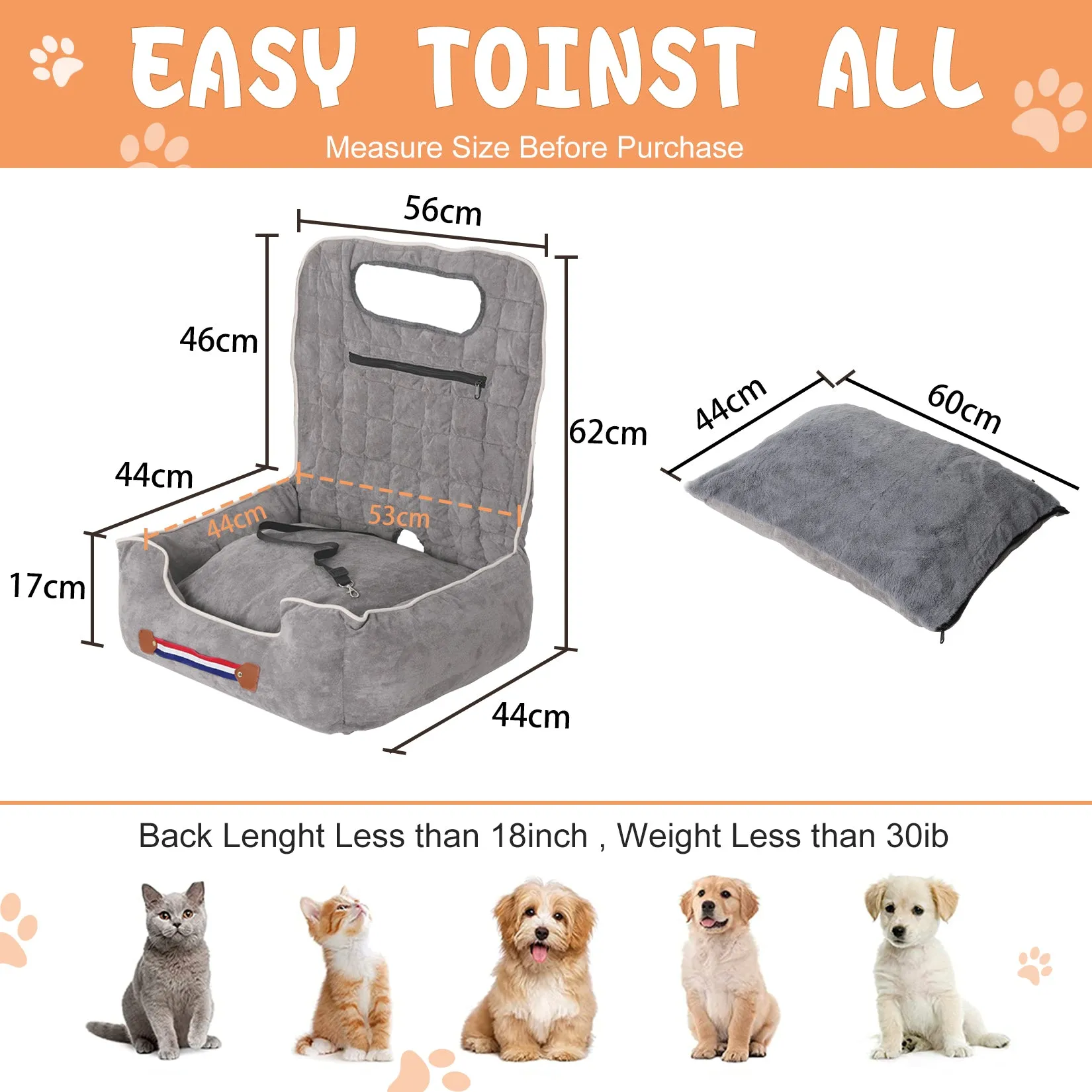 Soft Dog Car Seat Safe Anti-Slip Travel Portable Dog Booster with Pockets