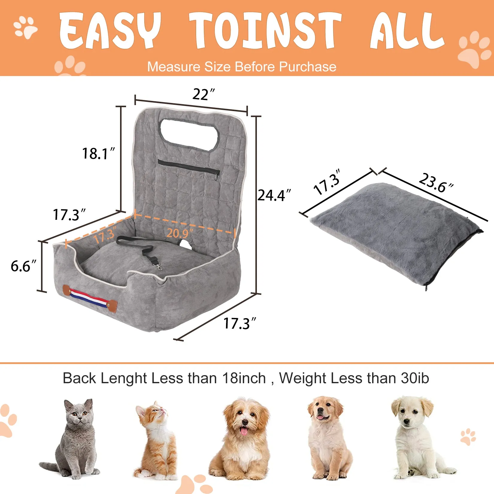 Soft Dog Car Seat Safe Anti-Slip Travel Portable Dog Booster with Pockets