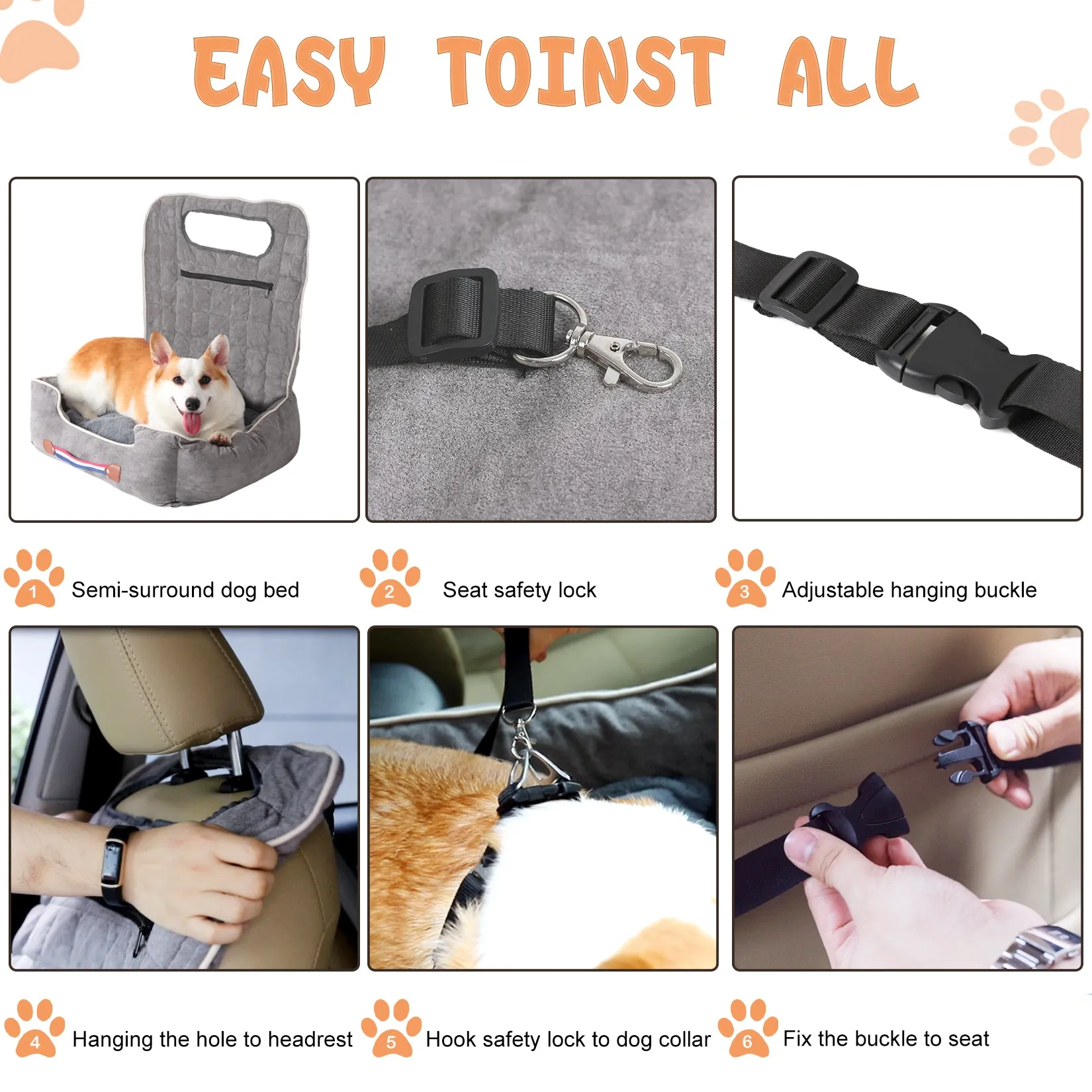 Soft Dog Car Seat Safe Anti-Slip Travel Portable Dog Booster with Pockets