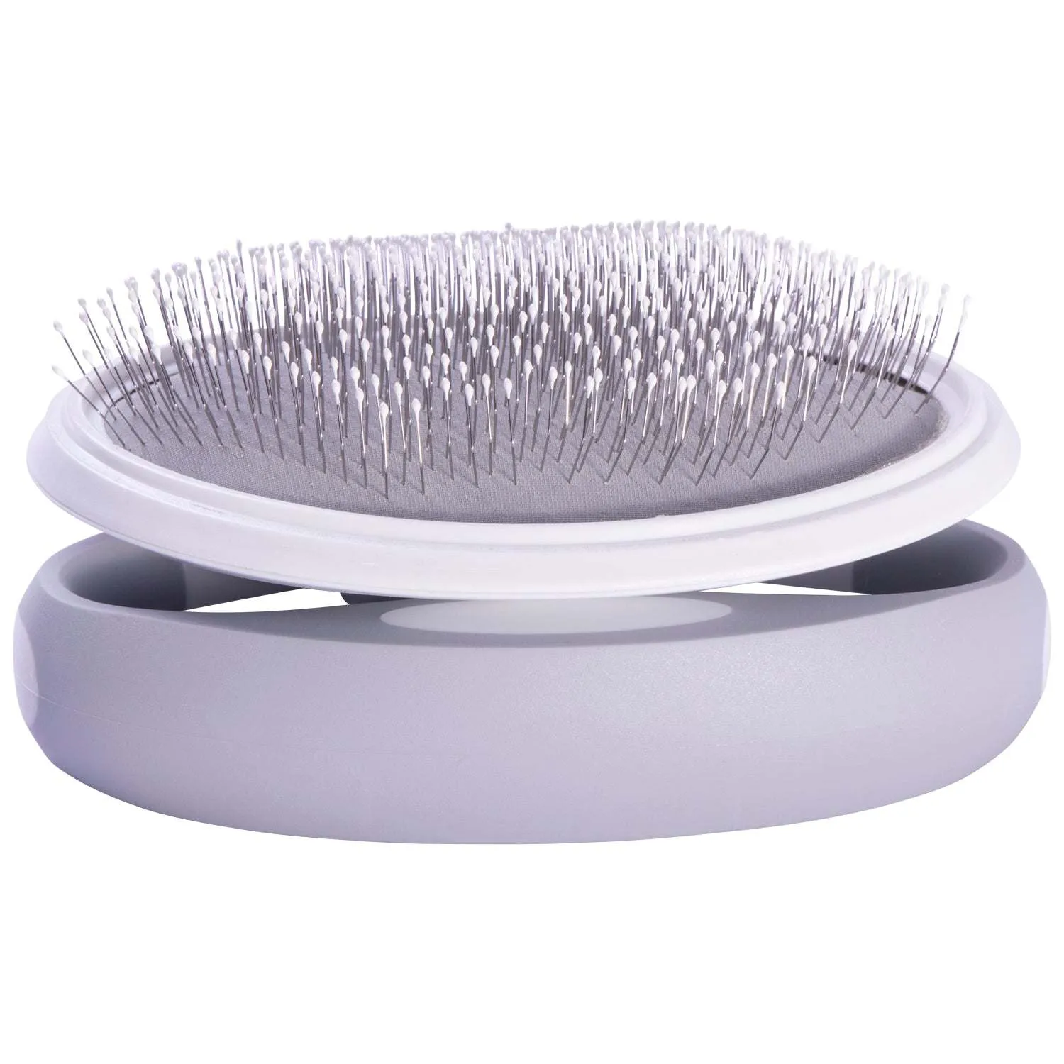 Travel pet brush with customizable grip and flexible bristles. Care
