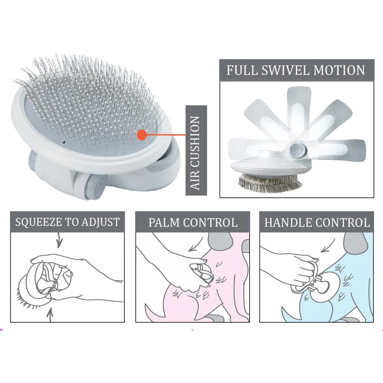 Travel pet brush with customizable grip and flexible bristles. Care