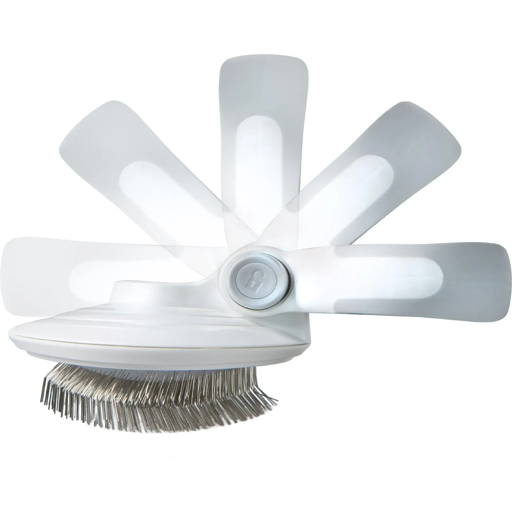 Travel pet brush with customizable grip and flexible bristles. Care