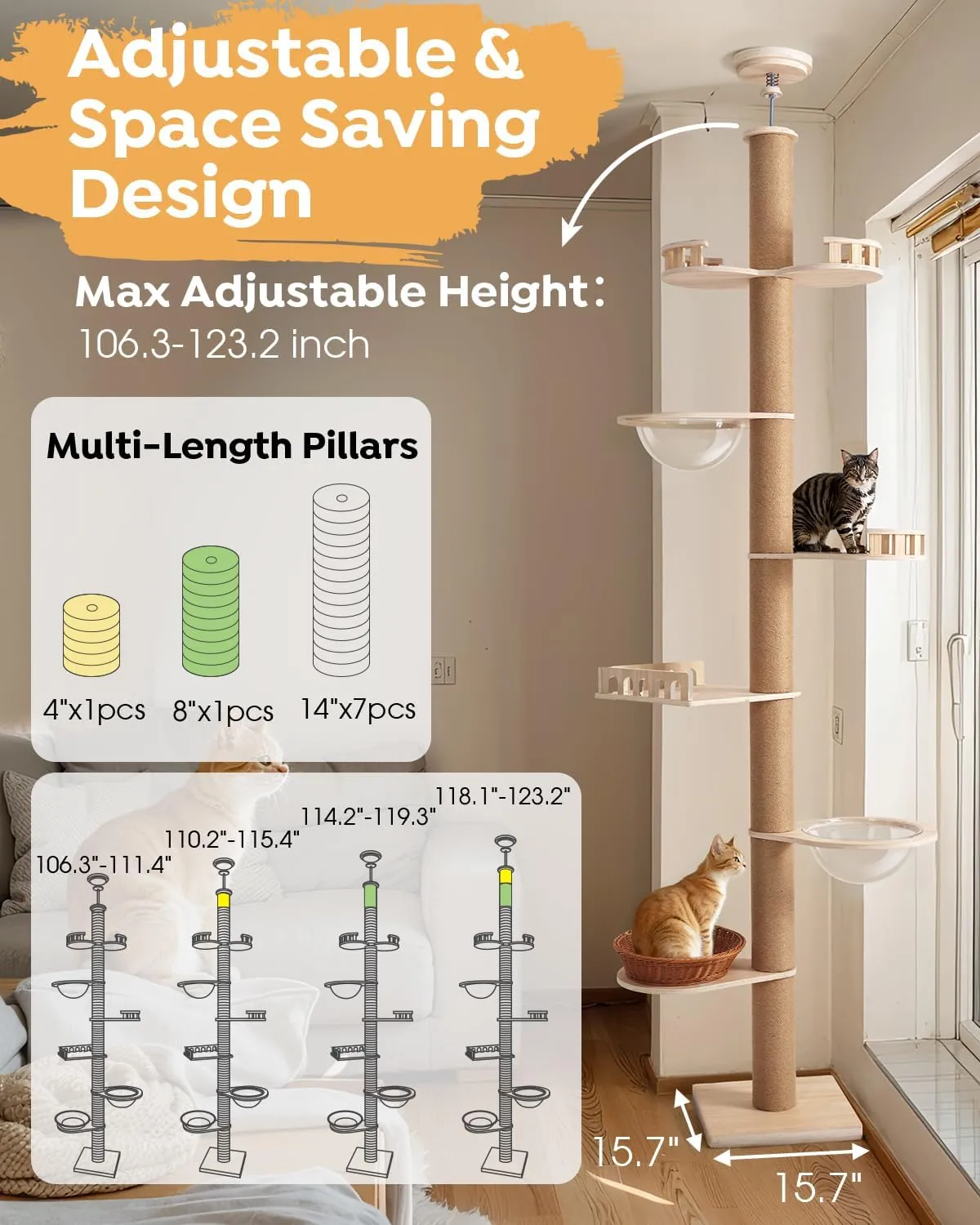 Veehoo Cat Tree Floor to Ceiling-Cat Tower Ajustable Height(106-123 Inches)-Tall Cat Tree with 4.3" Thickened Post, Large Cat Tree Tower for Indoor Cats