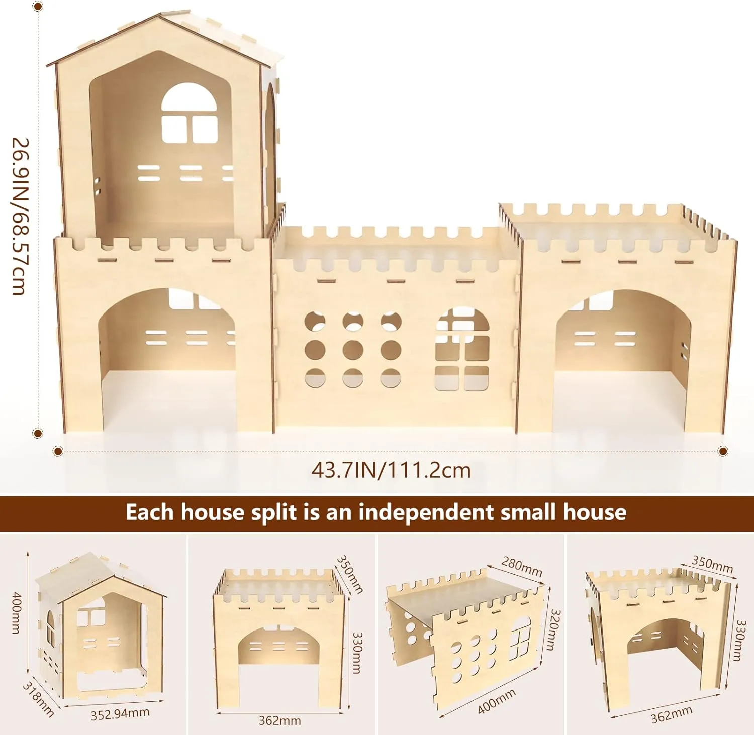 Woiworco Extra Large Rabbit Hideout, Wooden Rabbit Castle Bunny Spacious Breathable Hideouts for Indoor Bunnies, Hamsters and Guinea Pigs Hut to Hide