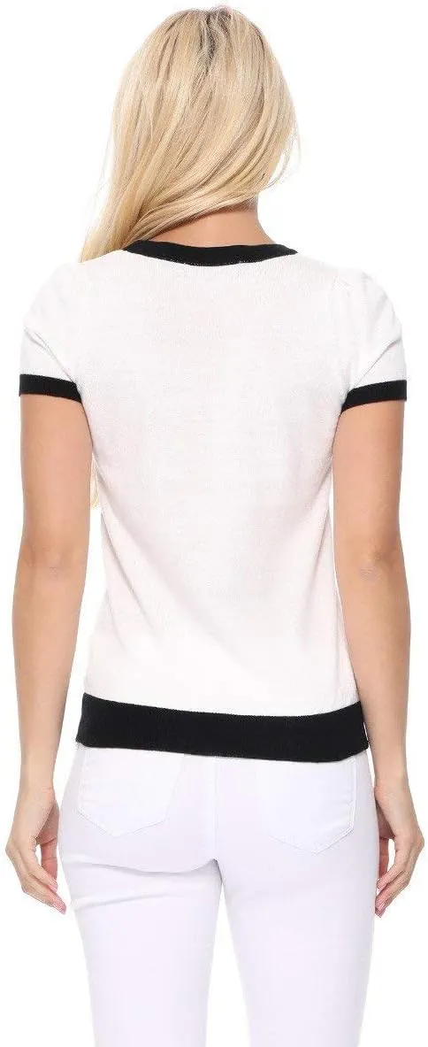 YEMAK Women's Knit Sweater Top  Short Sleeve Puff Shoulder Classic Casual Crewneck Knitted Soft T-Shirt Pullover