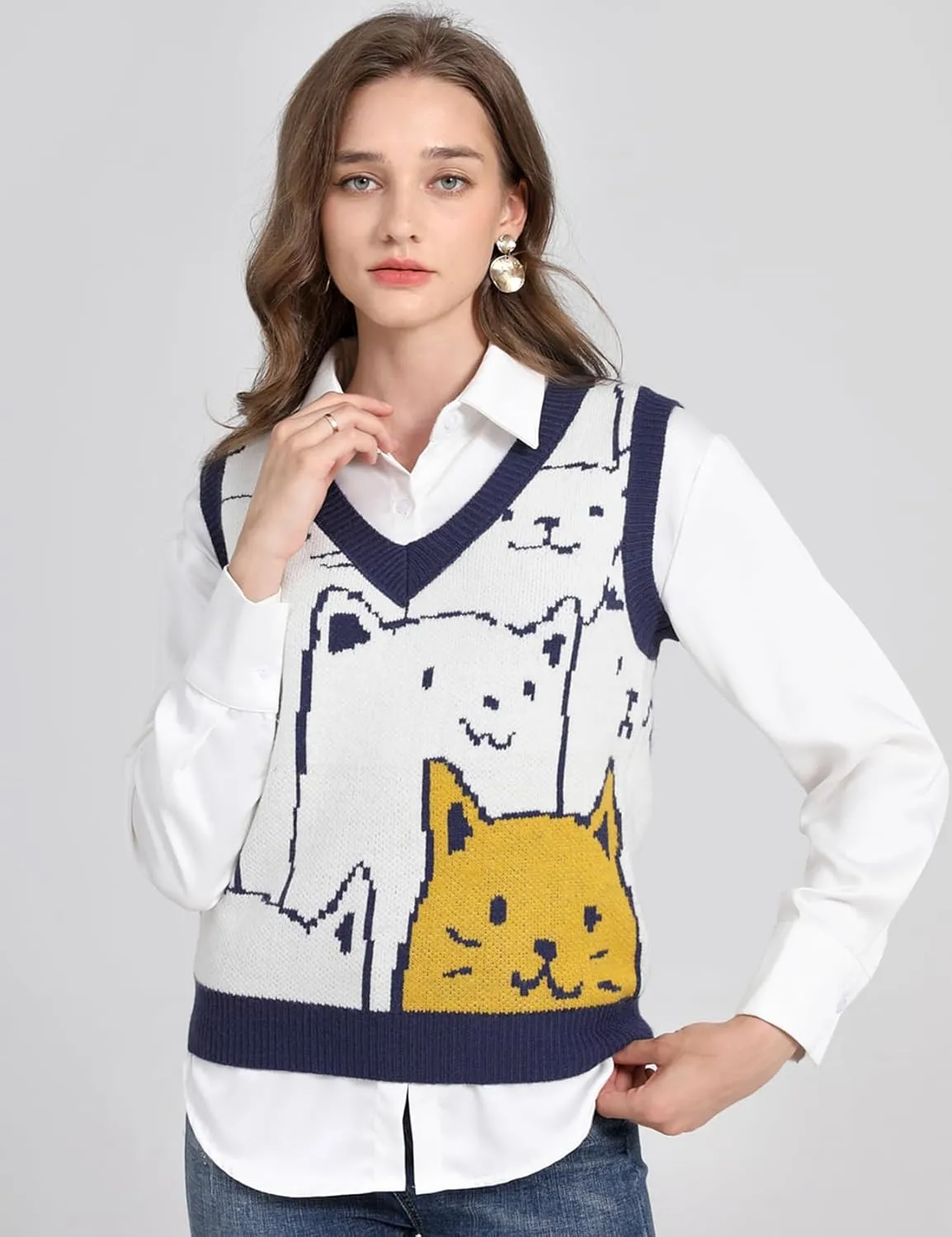 Yimoon Womens Cat Sweater Vest V Neck Y2k Graphic Knit Vest Cute Sleeveless Knitted Pullover Tops