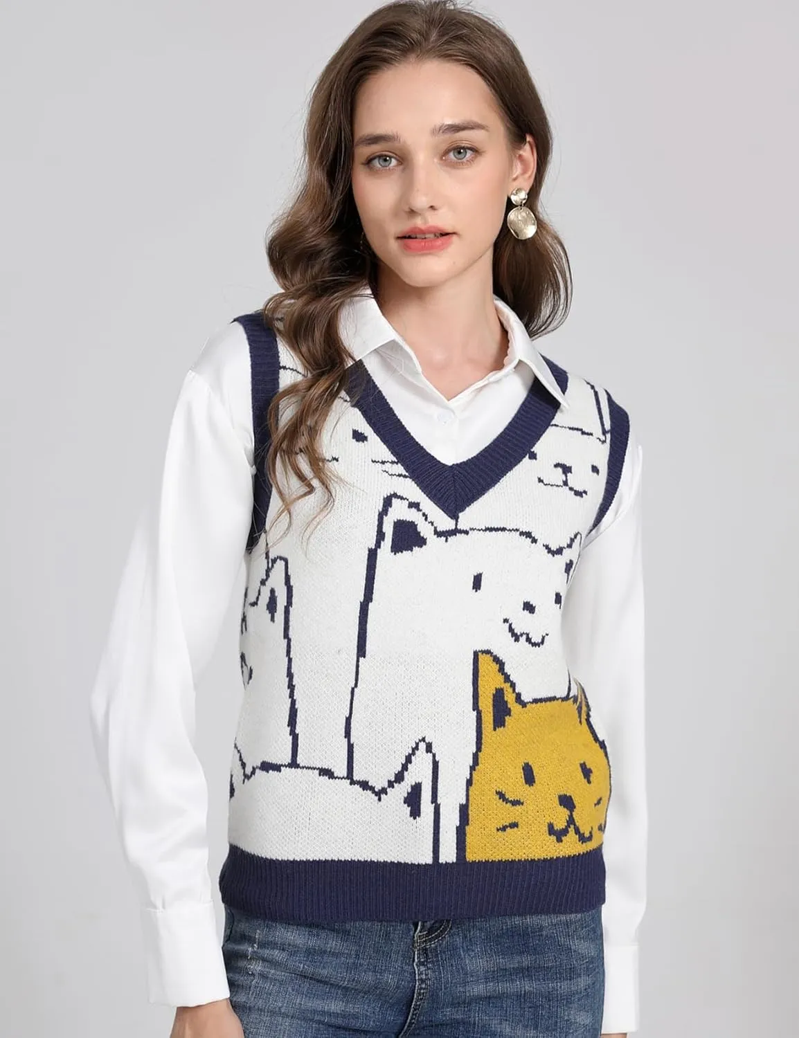 Yimoon Womens Cat Sweater Vest V Neck Y2k Graphic Knit Vest Cute Sleeveless Knitted Pullover Tops