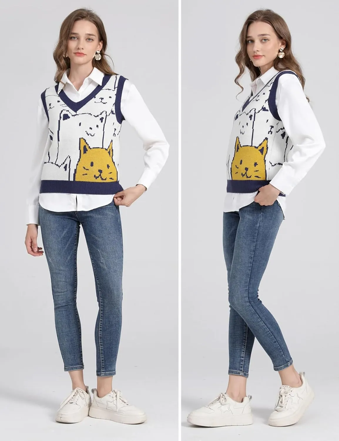 Yimoon Womens Cat Sweater Vest V Neck Y2k Graphic Knit Vest Cute Sleeveless Knitted Pullover Tops