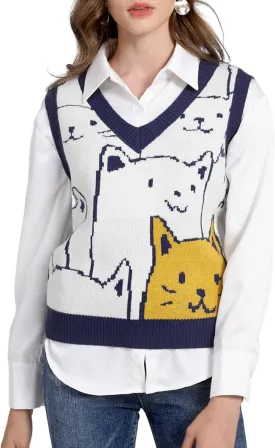 Yimoon Womens Cat Sweater Vest V Neck Y2k Graphic Knit Vest Cute Sleeveless Knitted Pullover Tops