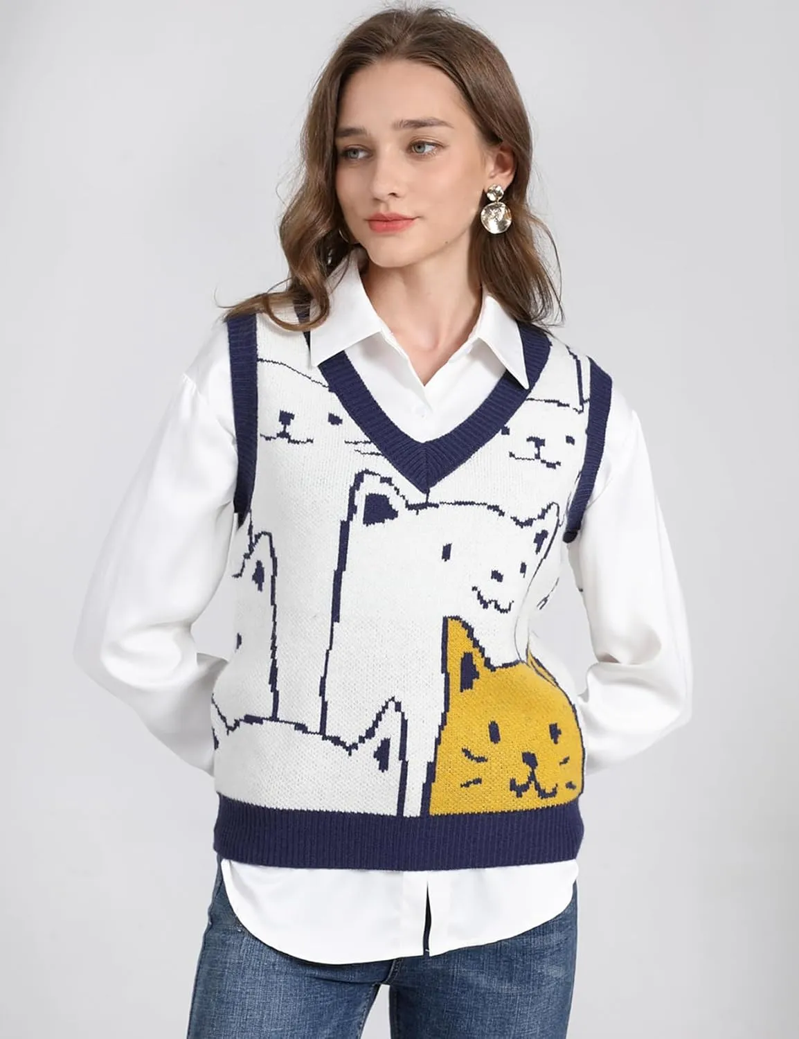 Yimoon Womens Cat Sweater Vest V Neck Y2k Graphic Knit Vest Cute Sleeveless Knitted Pullover Tops